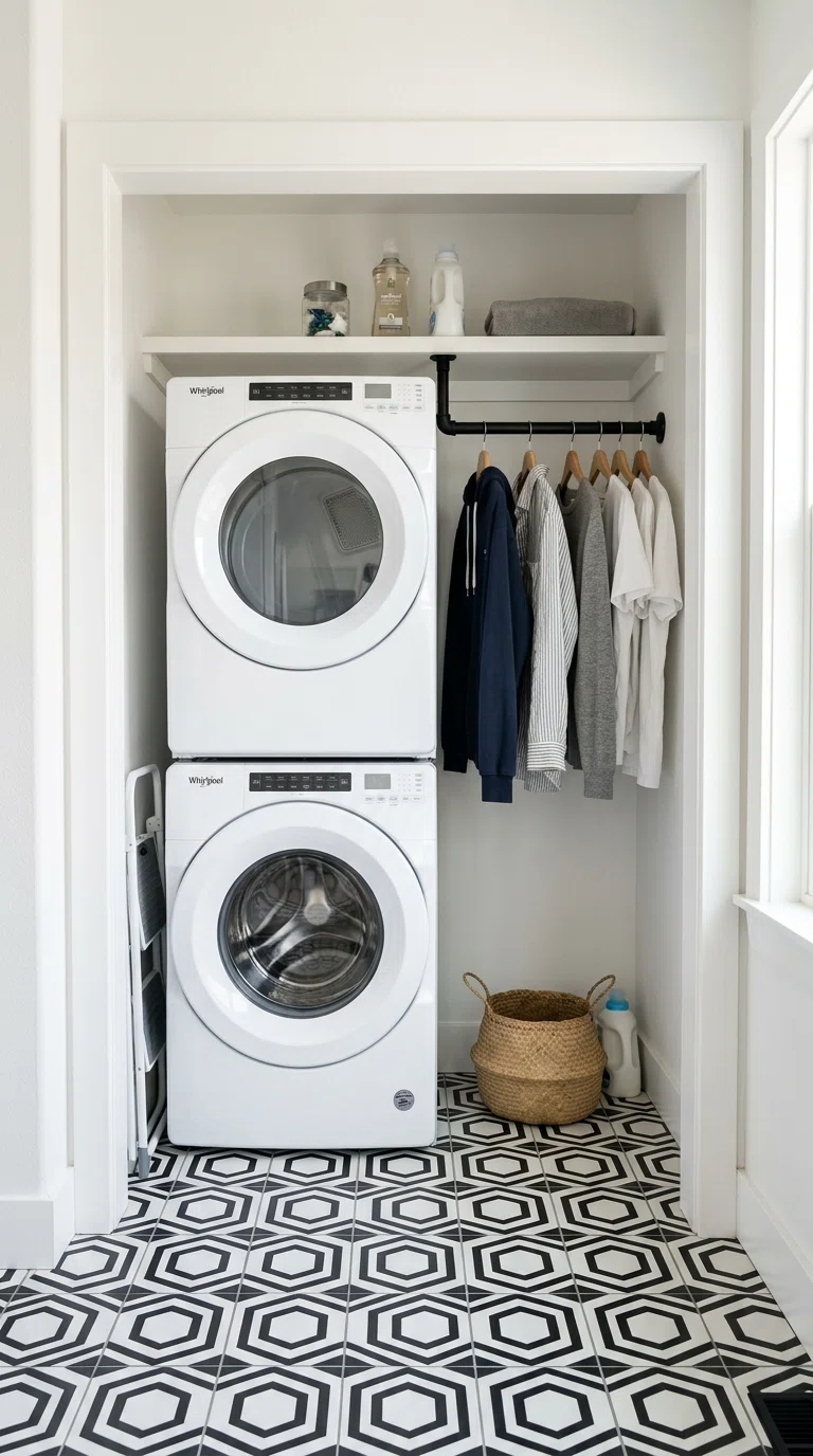 Real-life photo of bold black and white geometric patterned tile flooring in a compact laundry closet, stacked washer and dryer, hanging rod with clothes, bright daylight, stylish and clean stock photo.