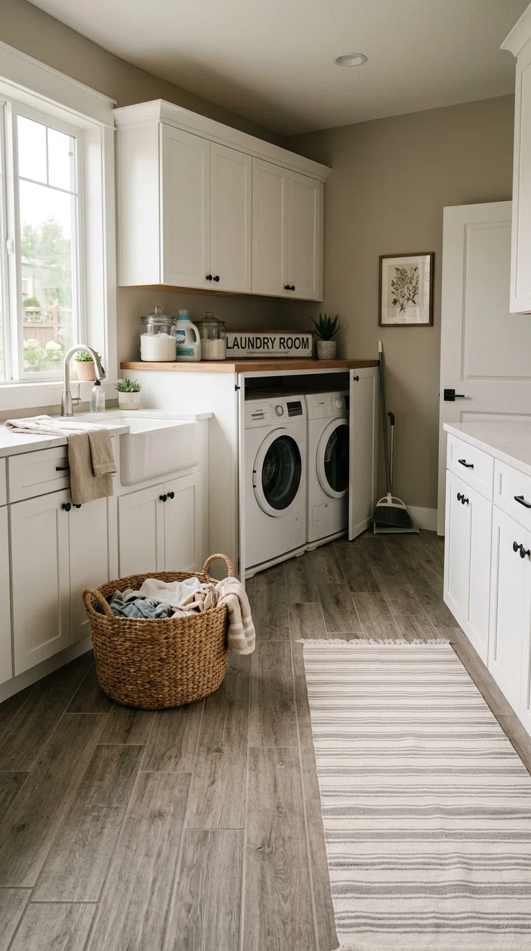 Real-life photo of warm gray wood-look tile flooring in a laundry room with white cabinets, laundry basket on the floor, soft diffused daylight, cozy neutral tones, realistic home photography.
