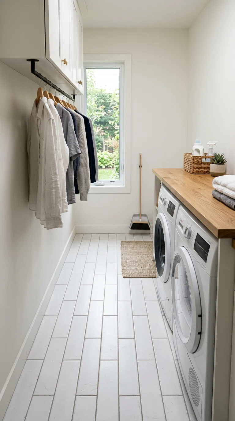 Real-life photo of elongated subway-style floor tile in a narrow laundry room, folding counter above machines, neatly hung clothes, bright natural light, minimal and tidy, stock photography style.