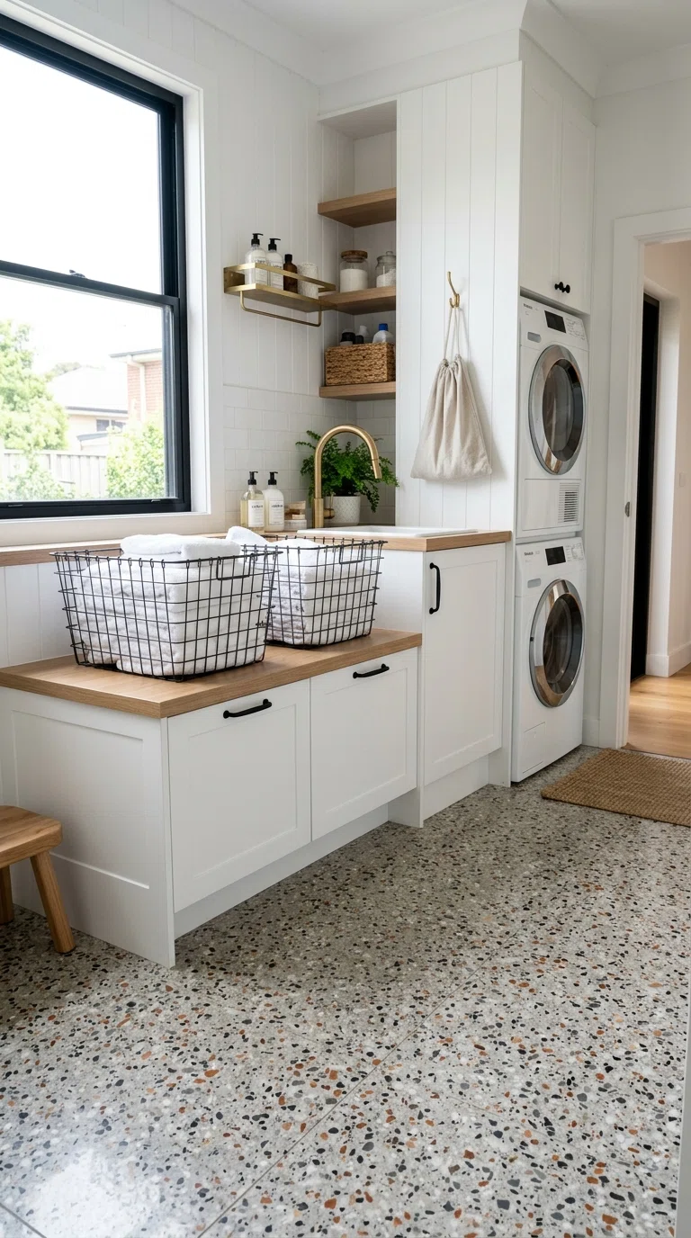 Real-life photo of speckled terrazzo flooring in a modern laundry room, brass fixtures, open wire baskets holding towels, bright airy lighting, polished and clean, authentic interior photograph.