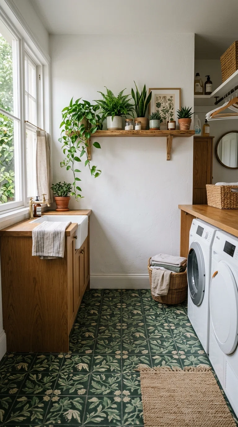 Real-life photo of deep green botanical patterned cement tile flooring in a laundry room, white walls, wooden shelf with plants, soft window light, richly styled, realistic home photography.