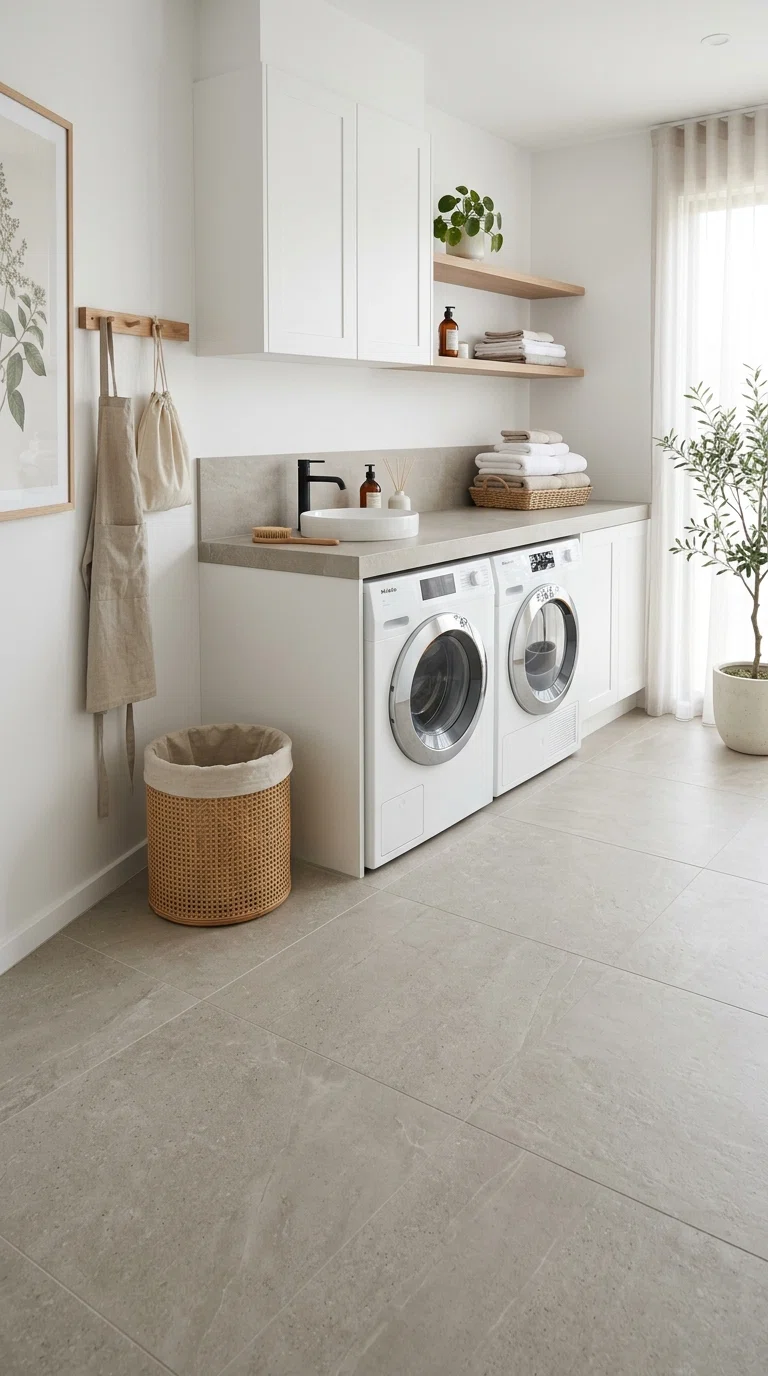 Real-life photo of large-format greige porcelain slab flooring in a spa-like laundry room, matching countertop above washer and dryer, soft bright lighting, seamless and clean, stock-photo style.