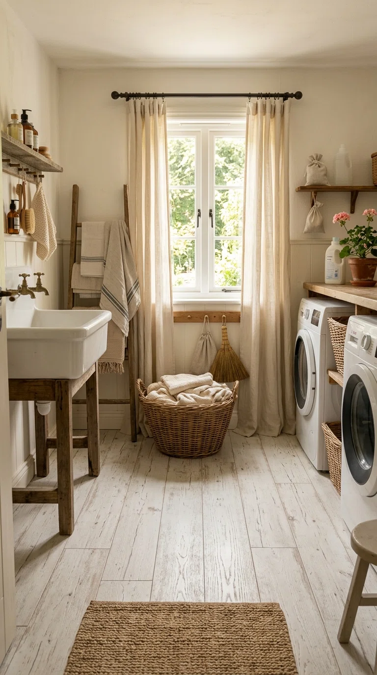 Real-life photo of whitewashed wood-look plank flooring in a cottage-style laundry room, linen curtains, woven laundry basket, soft warm daylight, breezy and welcoming, authentic home photography.