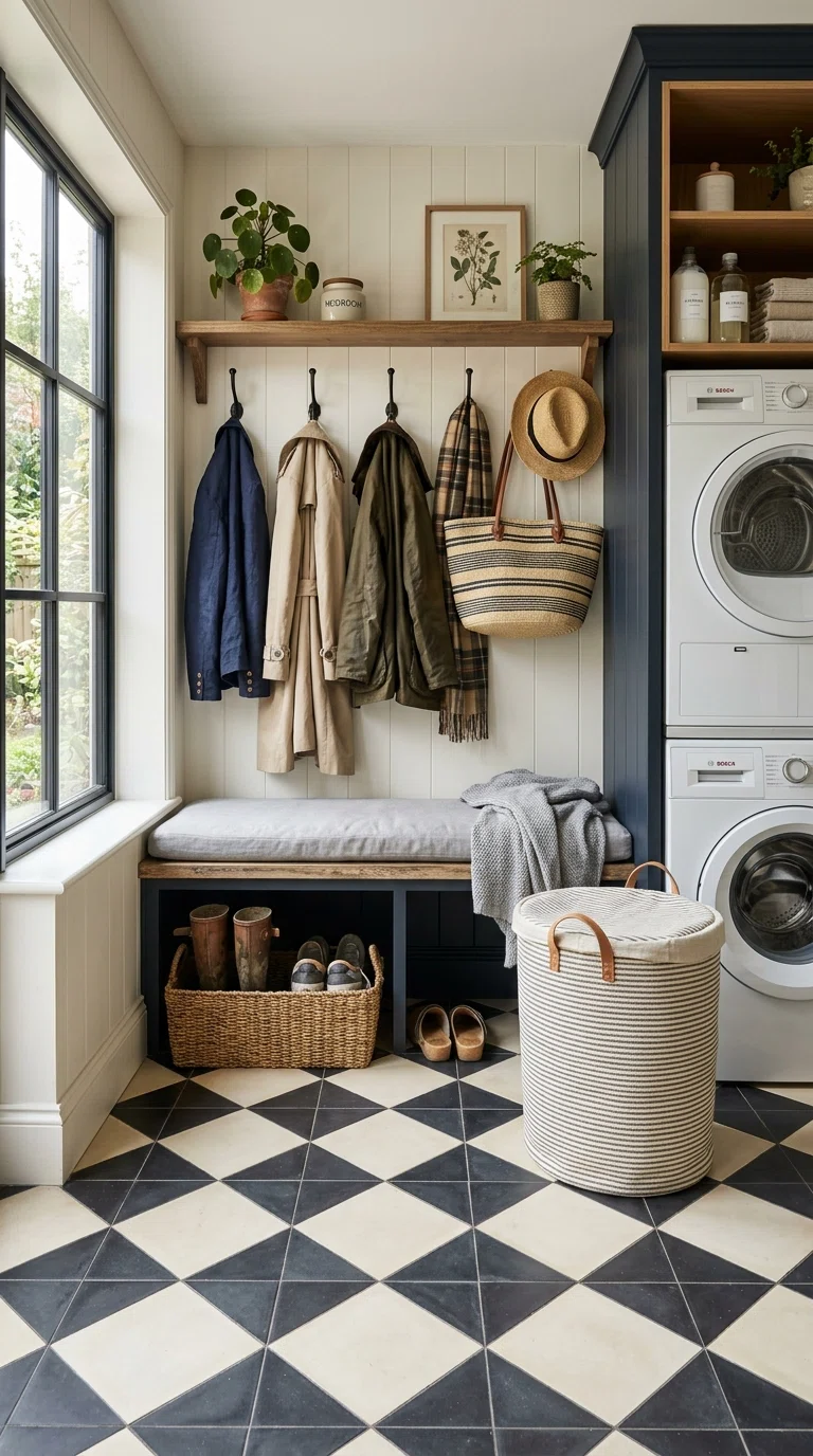 Real-life photo of black and cream diamond-pattern tile flooring in a laundry mudroom, hanging coats, shoe basket, hamper on the floor, bright natural daylight, boutique styling, realistic photograph.