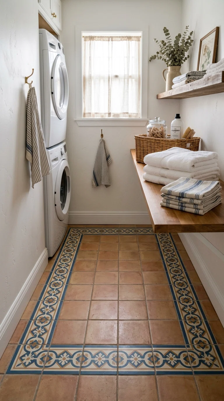 Real-life photo of plain tile flooring framed by a decorative encaustic tile border in a small laundry nook, folded towels stacked nearby, soft daylight, boutique-finished look, realistic interior photograph.