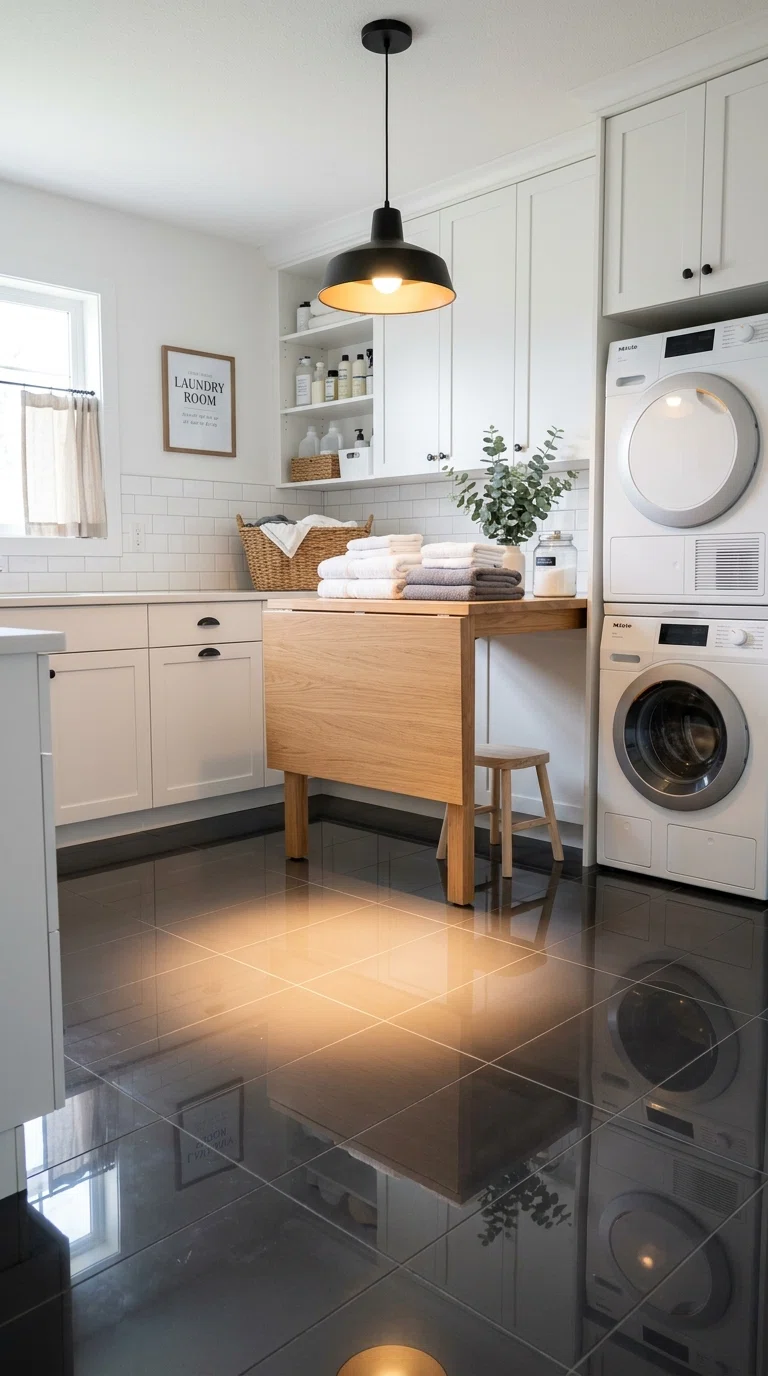 Real-life photo of glossy tile flooring in a laundry room illuminated by a single overhead task light positioned directly above the folding counter, warm focused light pooling on the floor below with no shadows, bright clean space, realistic photography style.