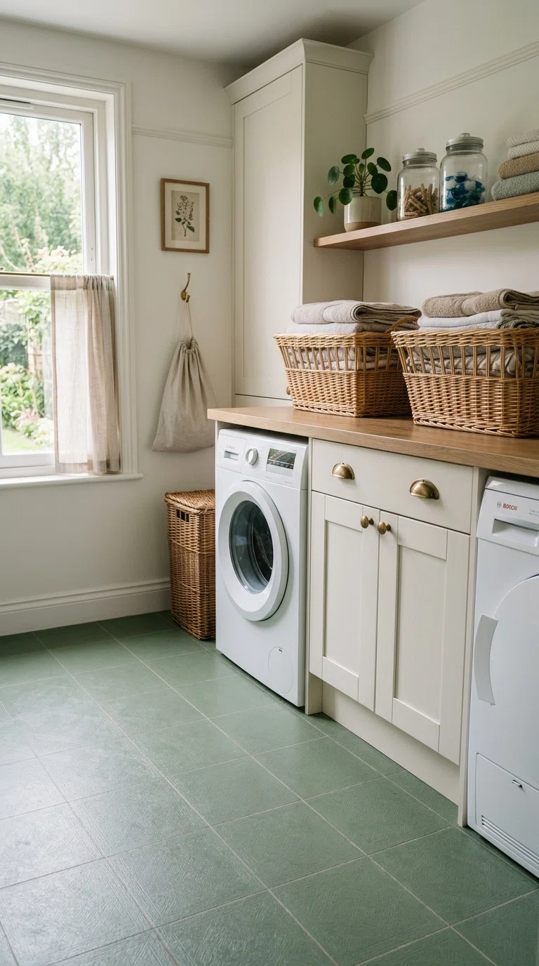 Real-life photo of sage green vinyl tile flooring in a laundry room with wicker baskets and brass pulls, soft natural light, calm and considered styling, authentic stock photography, no illustration.
