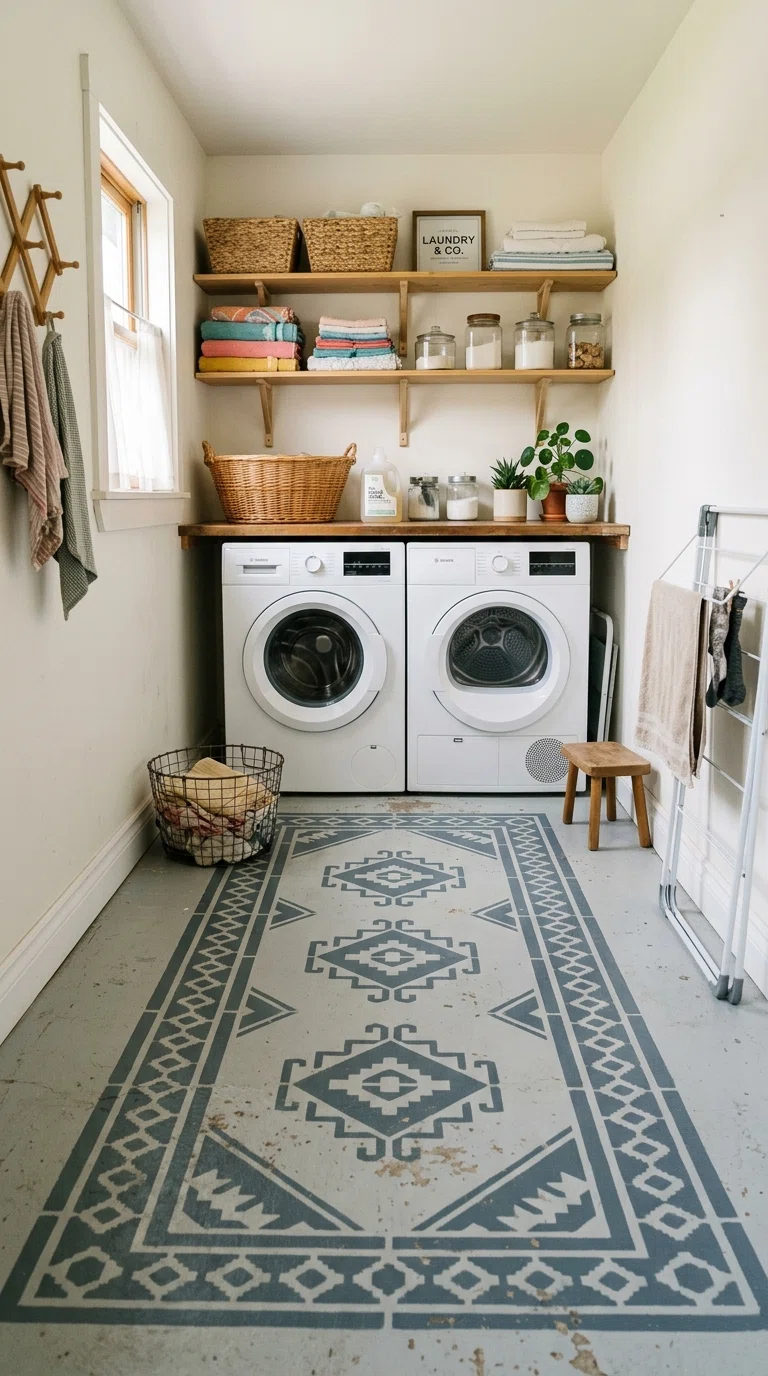 Real-life photo of a two-tone painted concrete floor styled like a rug pattern in a laundry room, simple shelving, natural light, affordable and charming aesthetic, realistic home photograph.