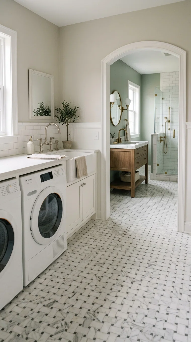 Real-life photo of basketweave marble-look porcelain tile flooring in a laundry room connected to a bathroom, elegant fixtures, soft bright lighting, sophisticated and cohesive styling, authentic photography.