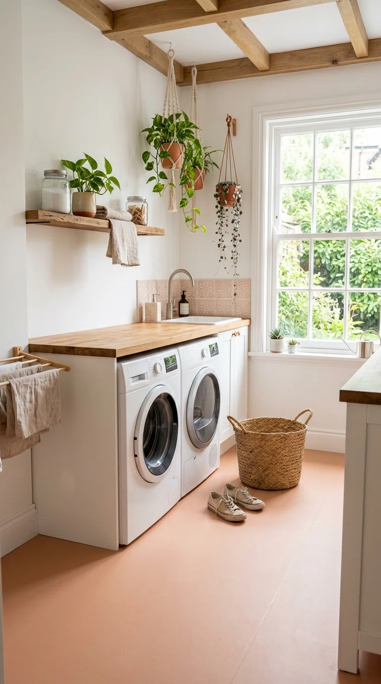 Real-life photo of soft peach terracotta-inspired vinyl flooring in a fresh laundry room, white walls, hanging greenery, gentle natural daylight, cheerful and inviting, realistic stock photo style.