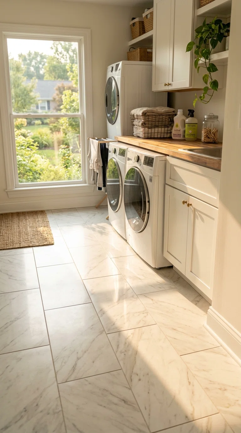 Real-life photo of light marble-look tile flooring positioned beside a large window, natural daylight raking low across the floor from the side rather than above, warm glow spreading across the tile, bright sunlit laundry room, realistic photography.