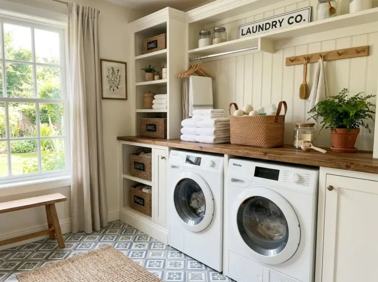 Real-life photograph of a bright, clean laundry room with stylish tile flooring, front-load washer and dryer, folded white towels on a wooden counter, woven baskets, soft natural daylight from a side window, cozy and organized aesthetic, shot on a DSLR camera, no illustration, no 3D render, Pinterest-style home interior photography.