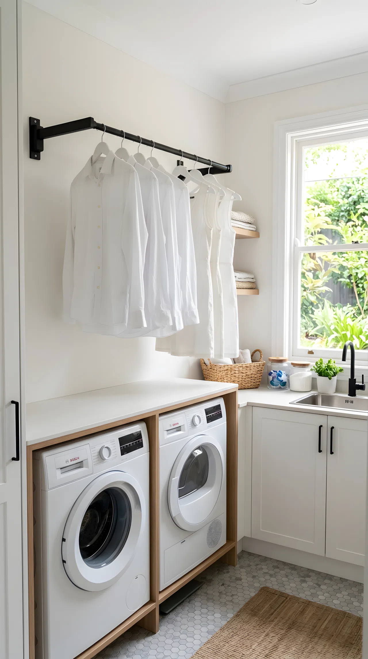 Real-life photograph of a small laundry room with a retractable wall-mounted drying rod extended above a washing machine, neatly arranged white shirts and dresses hanging evenly spaced, organized and clean space, matte black hardware, bright natural light streaming through a nearby window, vibrant colors, stock photo style, no illustration.