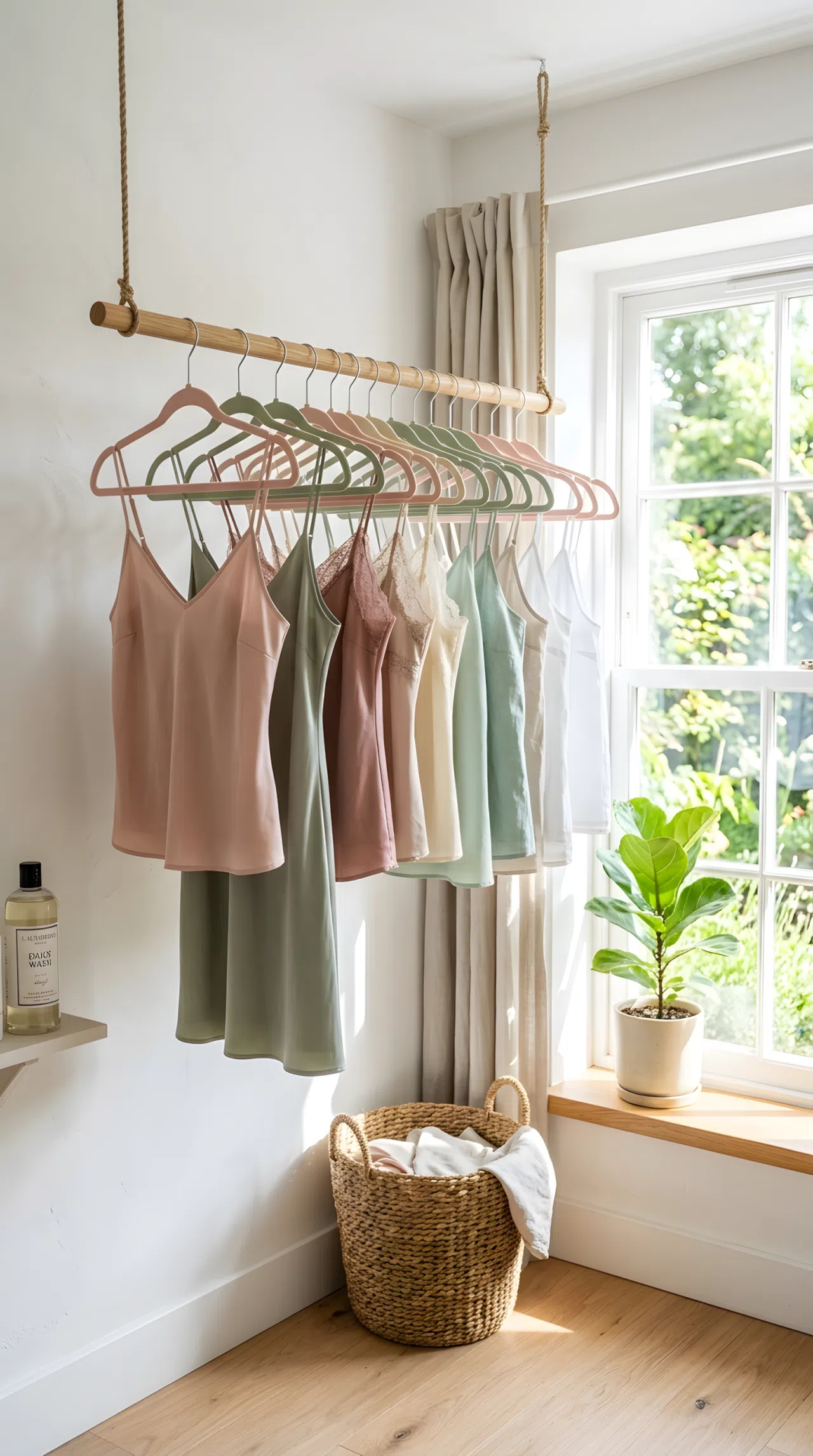 Real-life photograph of a floating rod near a sunlit window holding slim velvet hangers in blush #F2C9C2 and sage #B2C2A5, delicate camisoles and slip dresses neatly arranged and beautifully organized, clean minimal laundry room, bright natural light, vibrant color accents, realistic stock photo, no illustration.