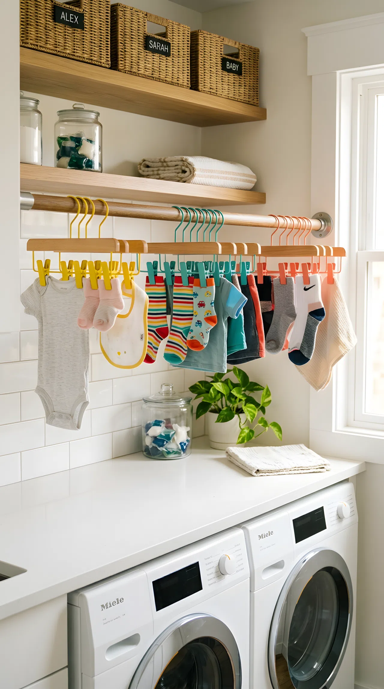 Real-life photograph of a laundry room hanging rod with color-coded clip hangers in yellow #F7D842, teal #4AC2B8, and coral #F26D6D, small clothes and socks neatly clipped and organized by family member, clean and beautifully arranged space, bright natural light, vibrant tones, realistic stock photography, no illustration.