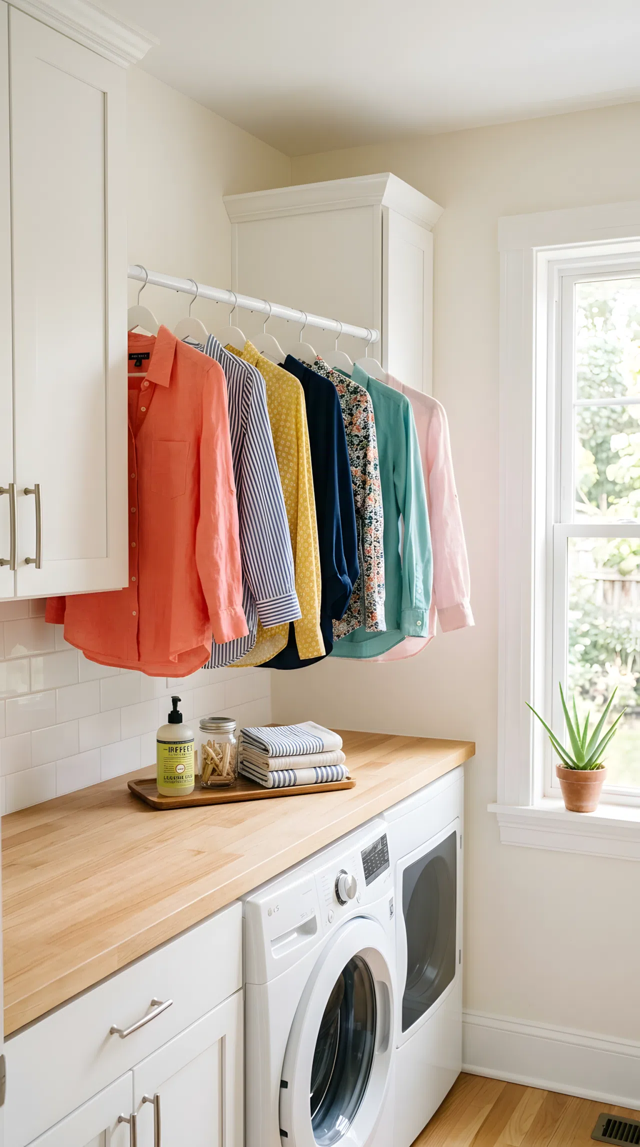 Real-life photograph of a tension rod wedged between two kitchen-style cabinets in a small laundry nook, neatly hung blouses and button-down shirts beautifully arranged and evenly spaced, organized clean counter below, bright natural light from a side window, vibrant fabric colors, realistic stock photo style, no illustration.
