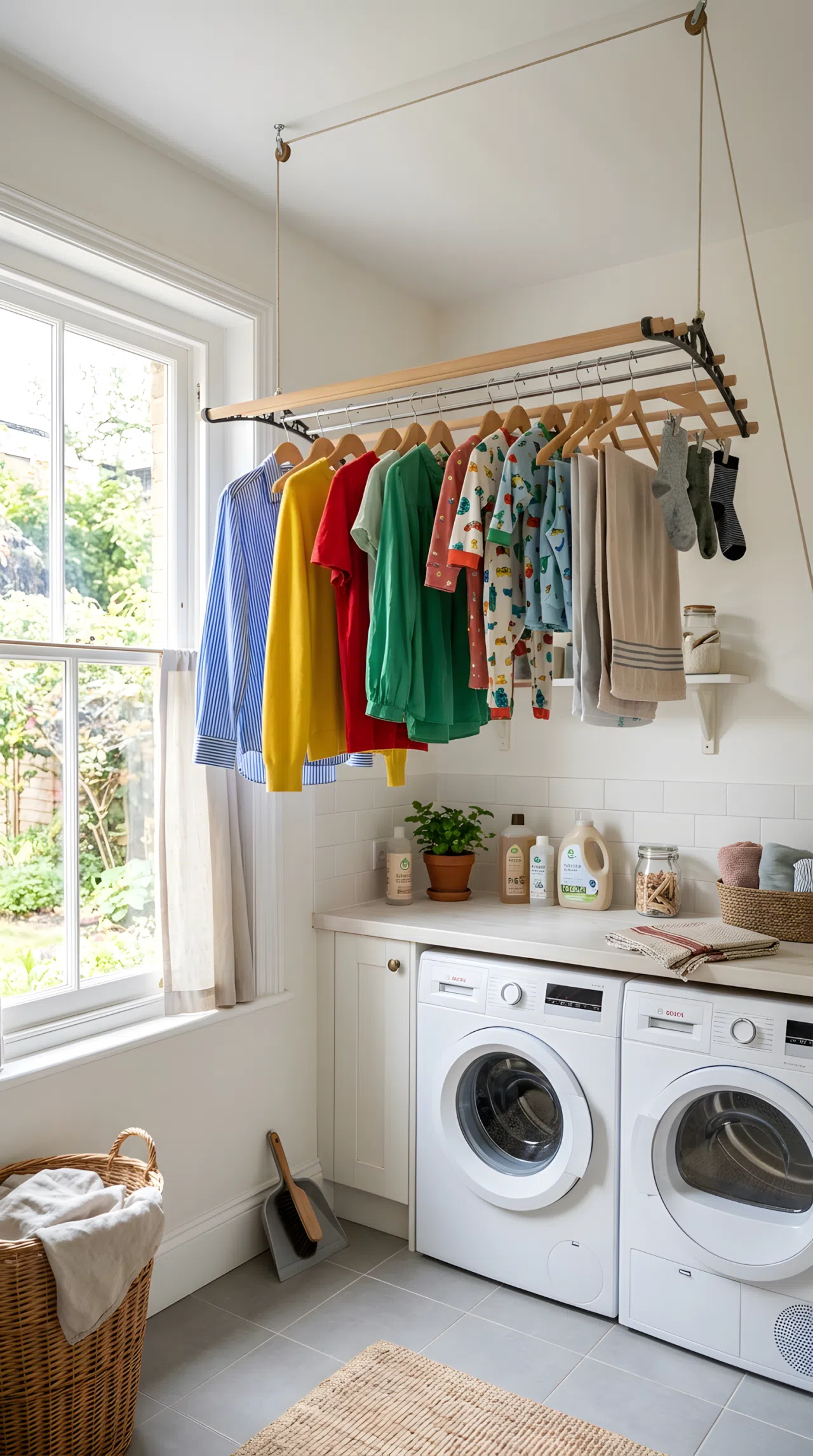 Real-life photograph of a pull-down ceiling drying rack lowered in a small laundry room, neatly hung garments beautifully arranged and evenly spaced, organized and clean space below, bright natural light pouring in from a nearby window, vibrant fabric colors, realistic stock photography, no illustration.