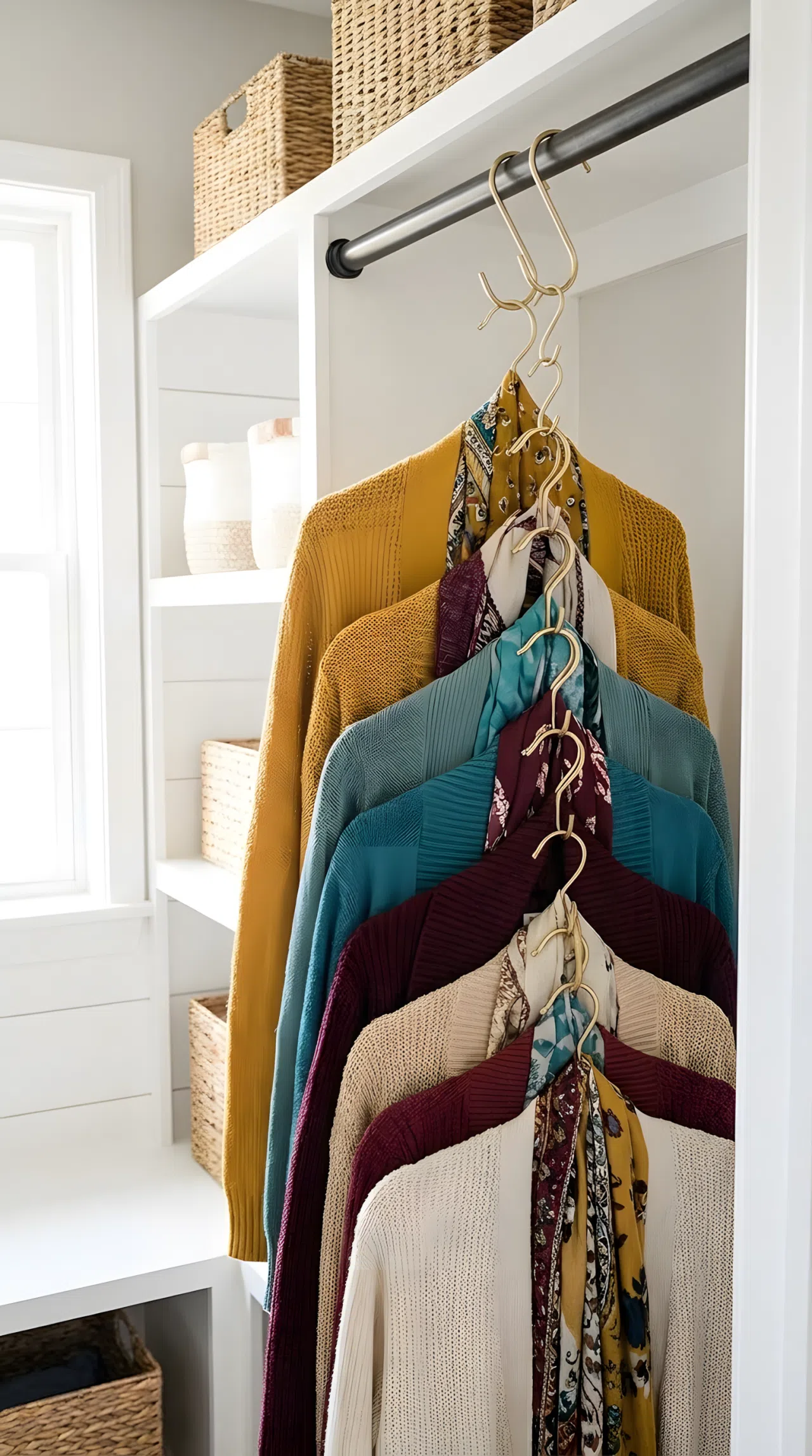 Real-life photograph of a laundry room rod with cascading brushed gold S-hooks holding layered cardigans and scarves, neatly made and beautifully arranged in a vertical column, organized clean small closet, bright natural light, vibrant sweater colors, realistic stock photo style, no illustration.