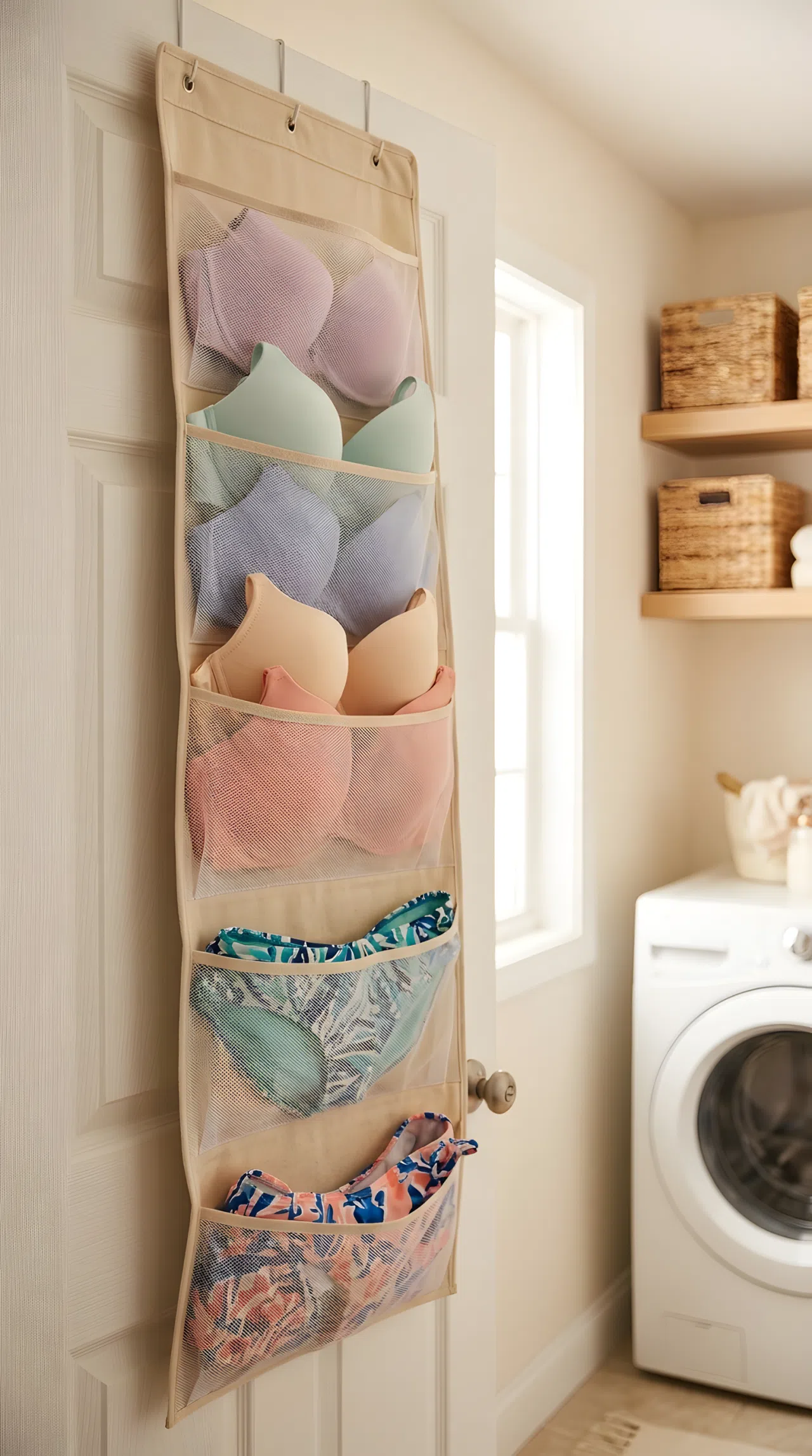 Real-life photograph of an over-the-door hanging organizer with fabric pockets holding delicate bras and swimwear, neatly arranged and organized, clean laundry room door, bright natural light, vibrant pastel fabric tones, realistic stock photography, no illustration.