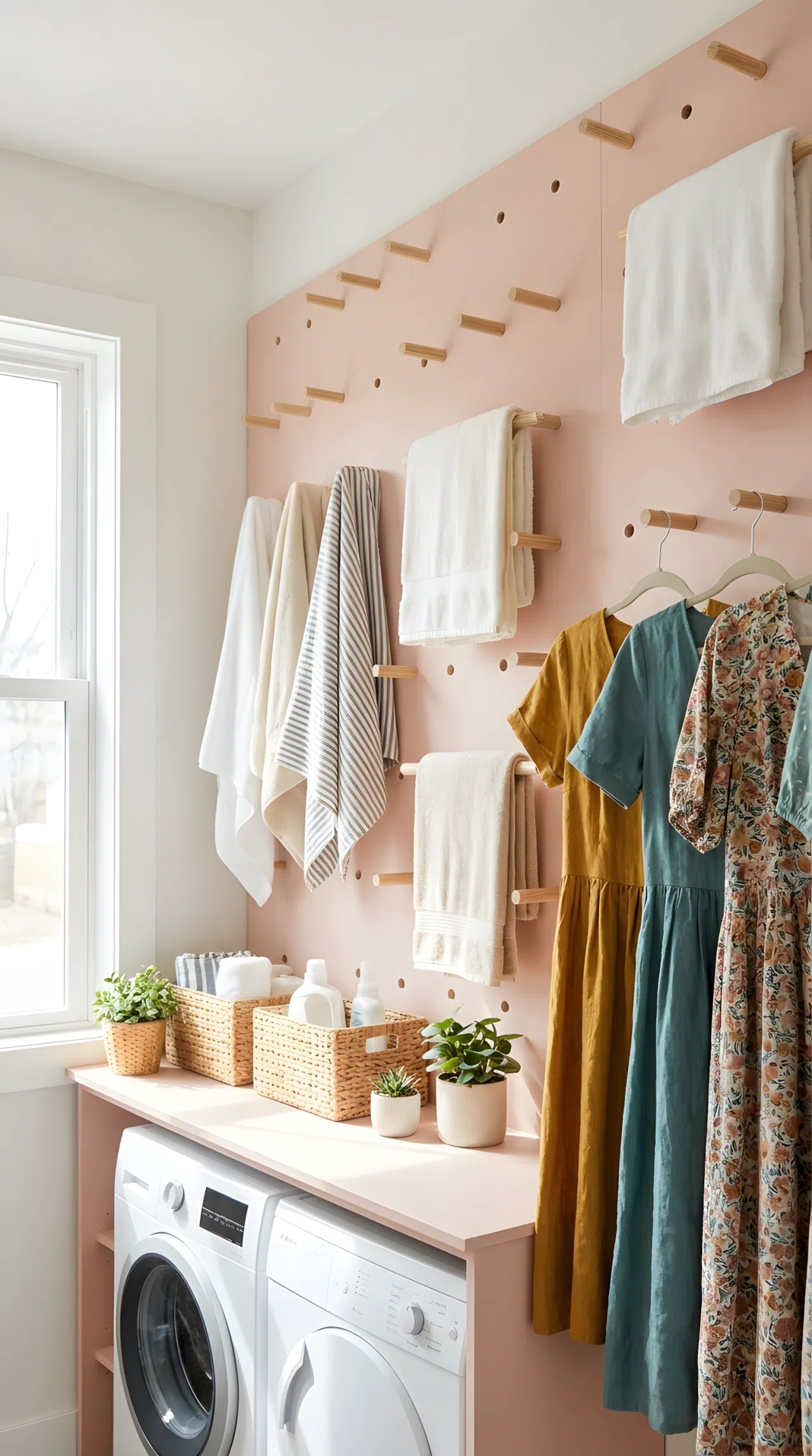 Real-life photograph of a blush-painted pegboard wall #F4D9D0 in a laundry room with adjustable wooden pegs holding neatly hung dresses and towels, beautifully arranged and organized, clean bright space, natural light from the side, vibrant clothing colors, realistic stock photo style, no illustration.