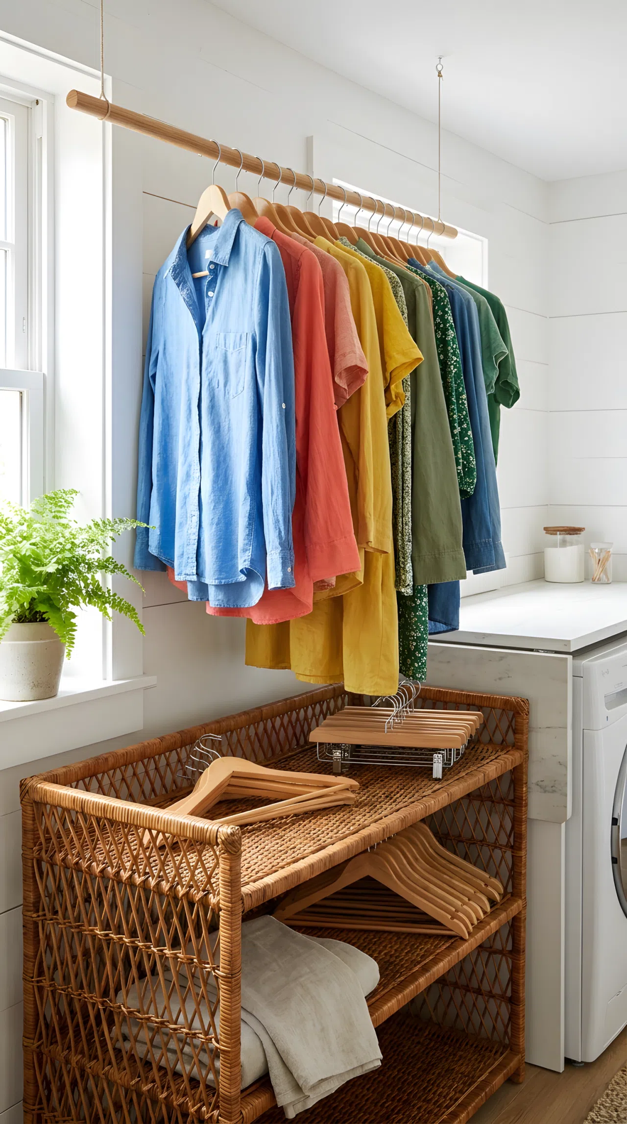 Real-life photograph of a laundry room hanging rod with neatly hung clothes above a woven rattan basket shelf holding spare hangers, organized and beautifully arranged, clean bright space, natural light streaming in, vibrant fabric colors against warm rattan tones, realistic stock photo style, no illustration.