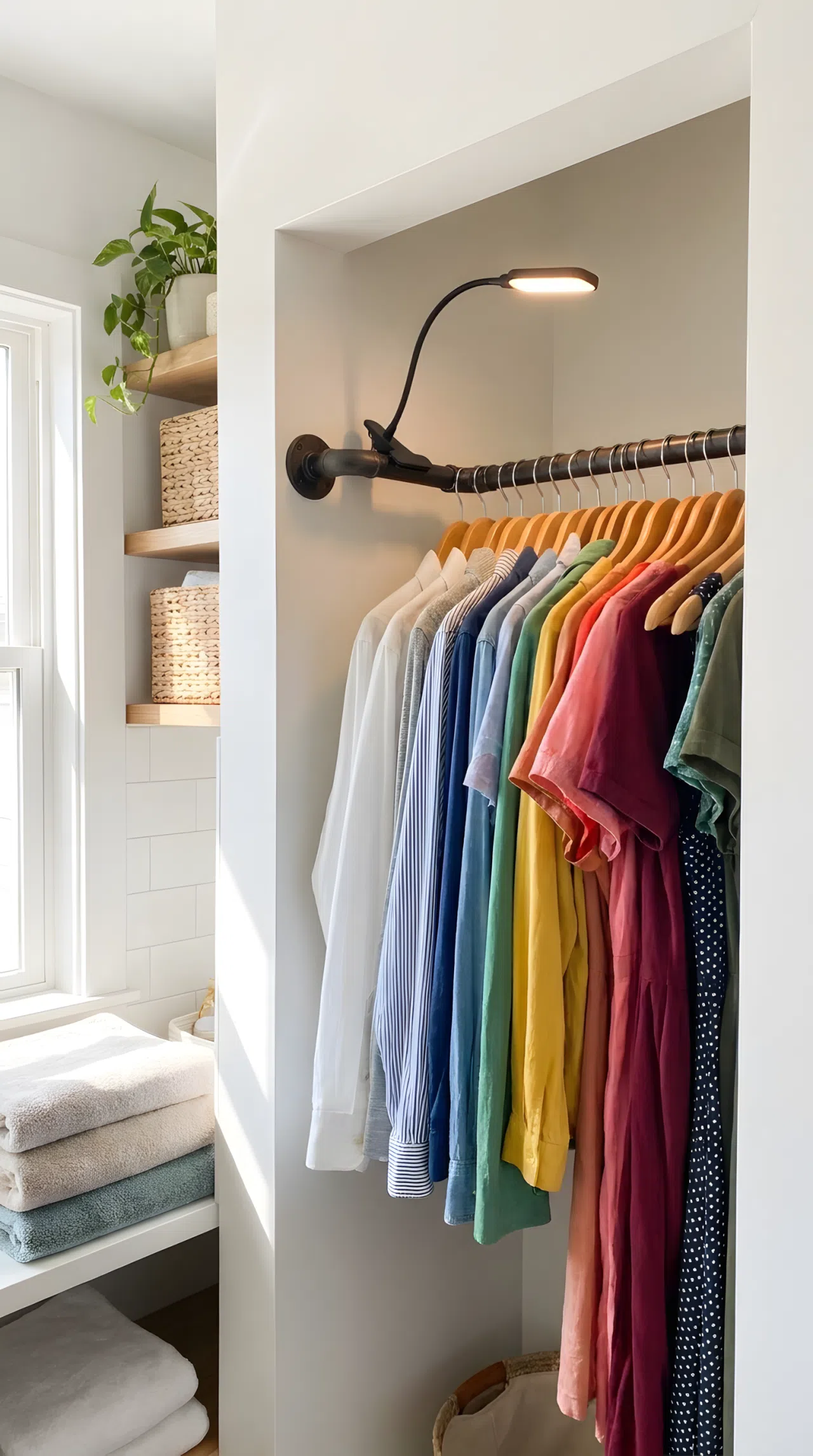Real-life photograph of an angled corner hanging rack in a small laundry room corner holding neatly hung shirts and dresses, beautifully arranged and organized, clean tidy space, small clip-on light positioned above the bar casting a warm glow directly onto the hanging clothes, bright natural daylight from a window as well, vibrant colors, realistic stock photography, no illustration.