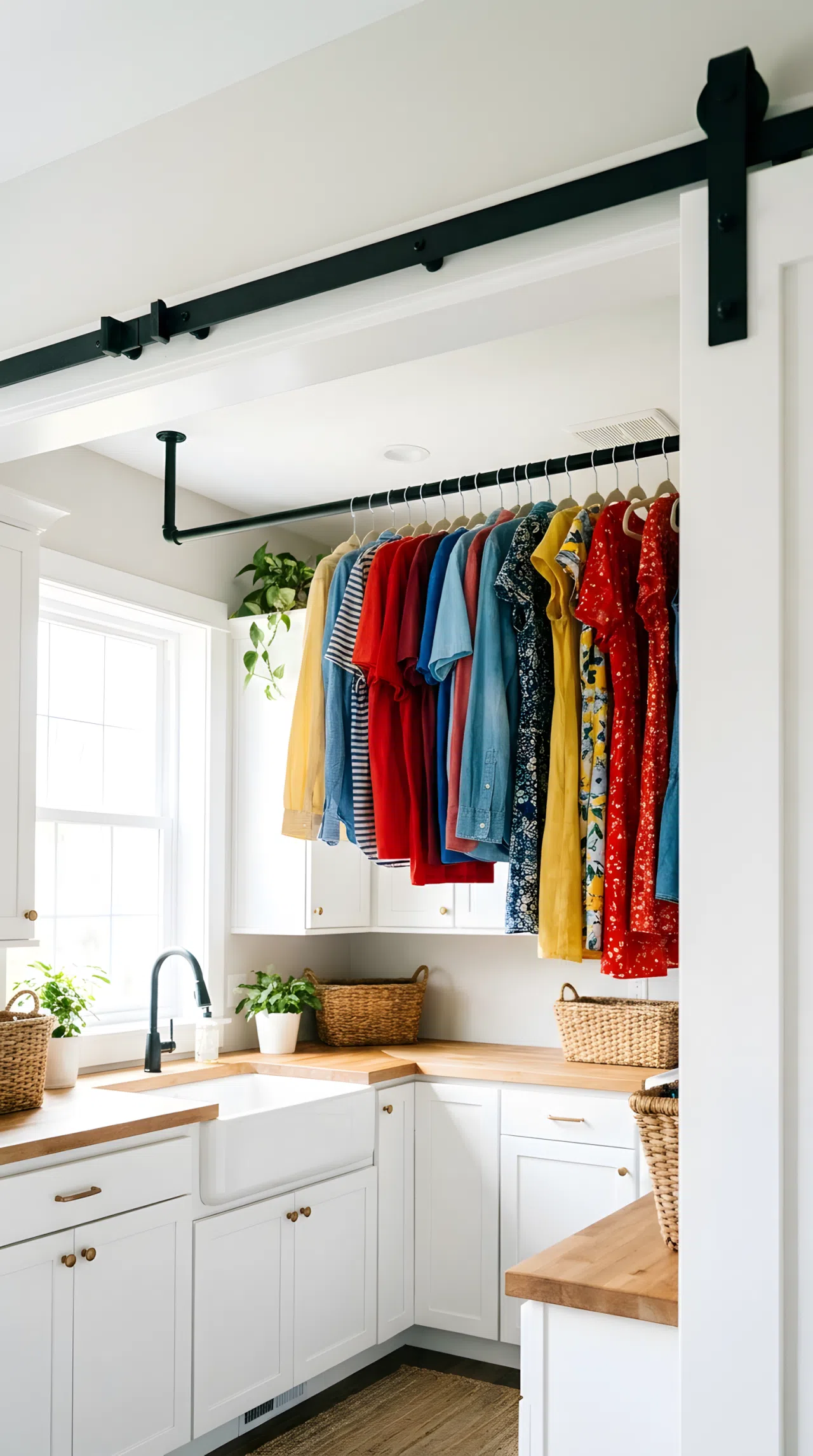 Real-life photograph of a laundry room with a matte black sliding barn-door track mounted on the ceiling, neatly hung shirts and dresses sliding along the rod, beautifully arranged and organized, clean bright space, natural light from a window, vibrant fabric colors, realistic stock photo style, no illustration.