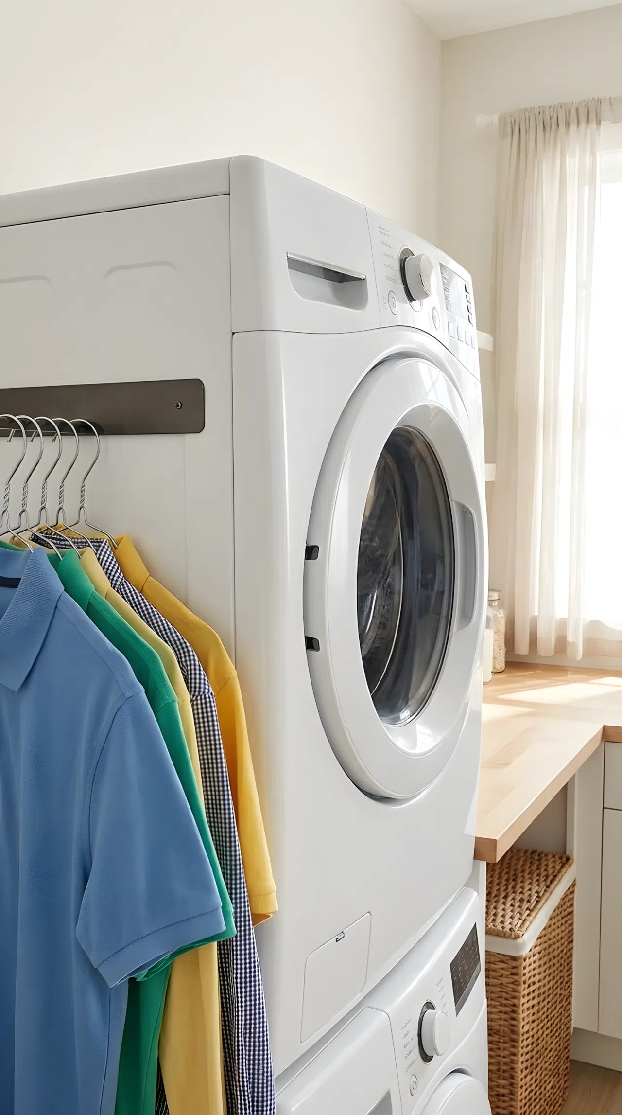 Real-life photograph of a magnetic hanging strip mounted on the side of a washing machine holding metal hangers with neatly hung shirts, organized and beautifully arranged, clean laundry room, bright natural light, vibrant fabric colors, realistic stock photography, no illustration.
