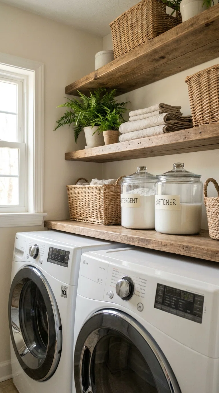 Real-life photo of open wooden shelves above a washer and dryer, styled with glass jars labeled detergent and softener, neutral color palette, soft daylight from a nearby window, DSLR home photography style.
