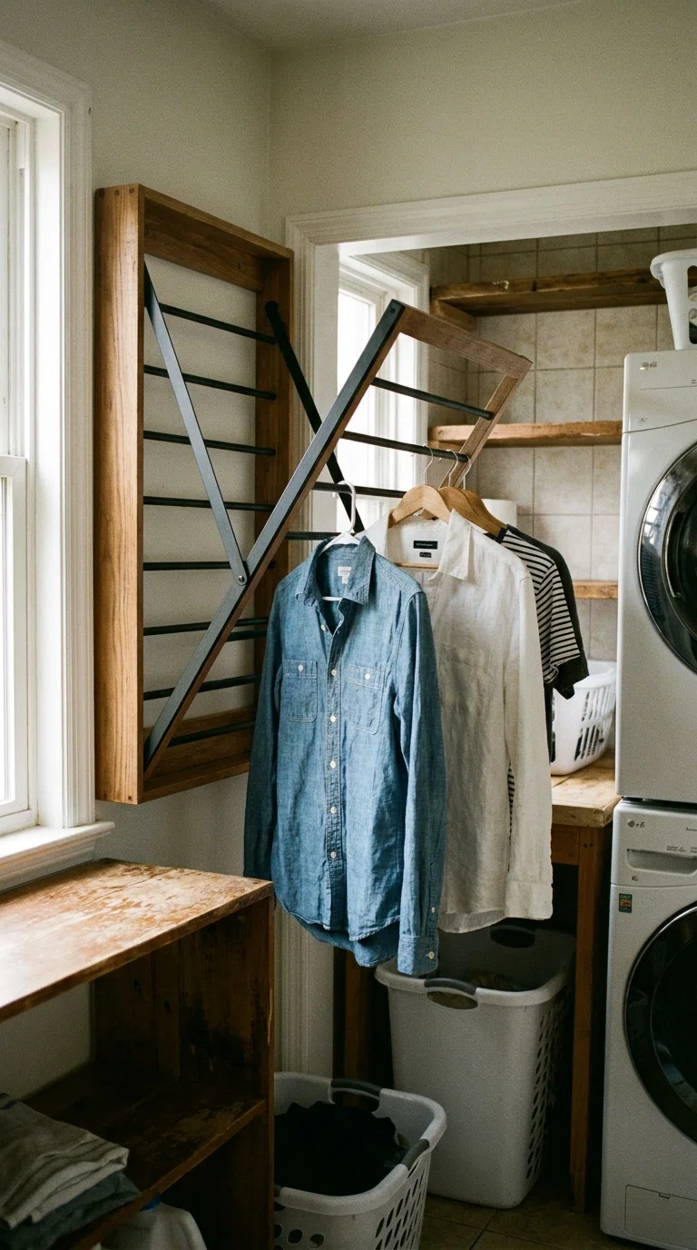 Photograph of a fold-down wall-mounted drying rack in a small laundry nook, partially extended with a few shirts drying, matte black hardware, natural light, realistic candid home photo.
