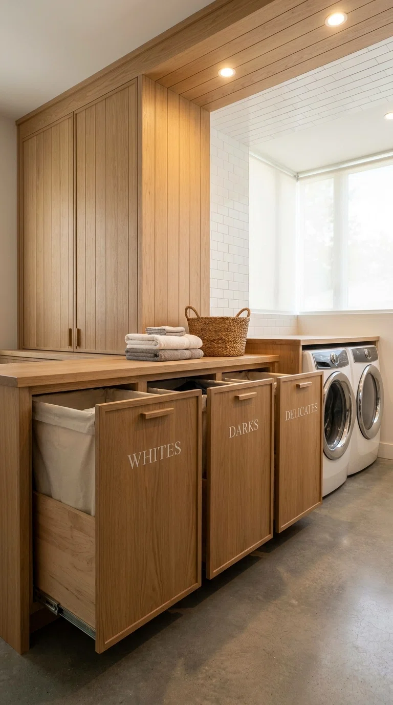 Real-life photo of a built-in cabinet with three pull-out hamper bins labeled whites, darks, delicates, wood paneling, clean modern laundry room, soft ambient lighting.

