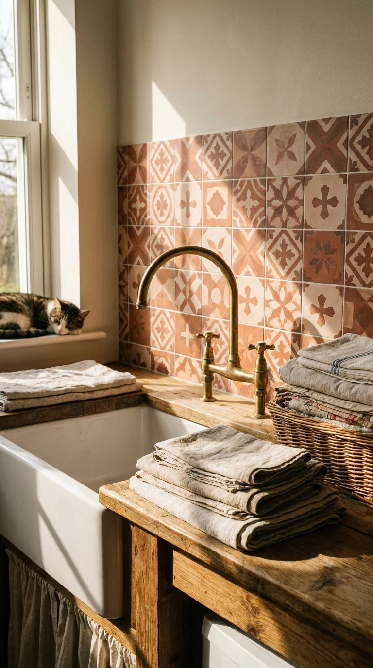 Photograph of a laundry room sink area with bold terracotta patterned tile backsplash, brass faucet, folded linens nearby, warm afternoon light, realistic stock photo style.
