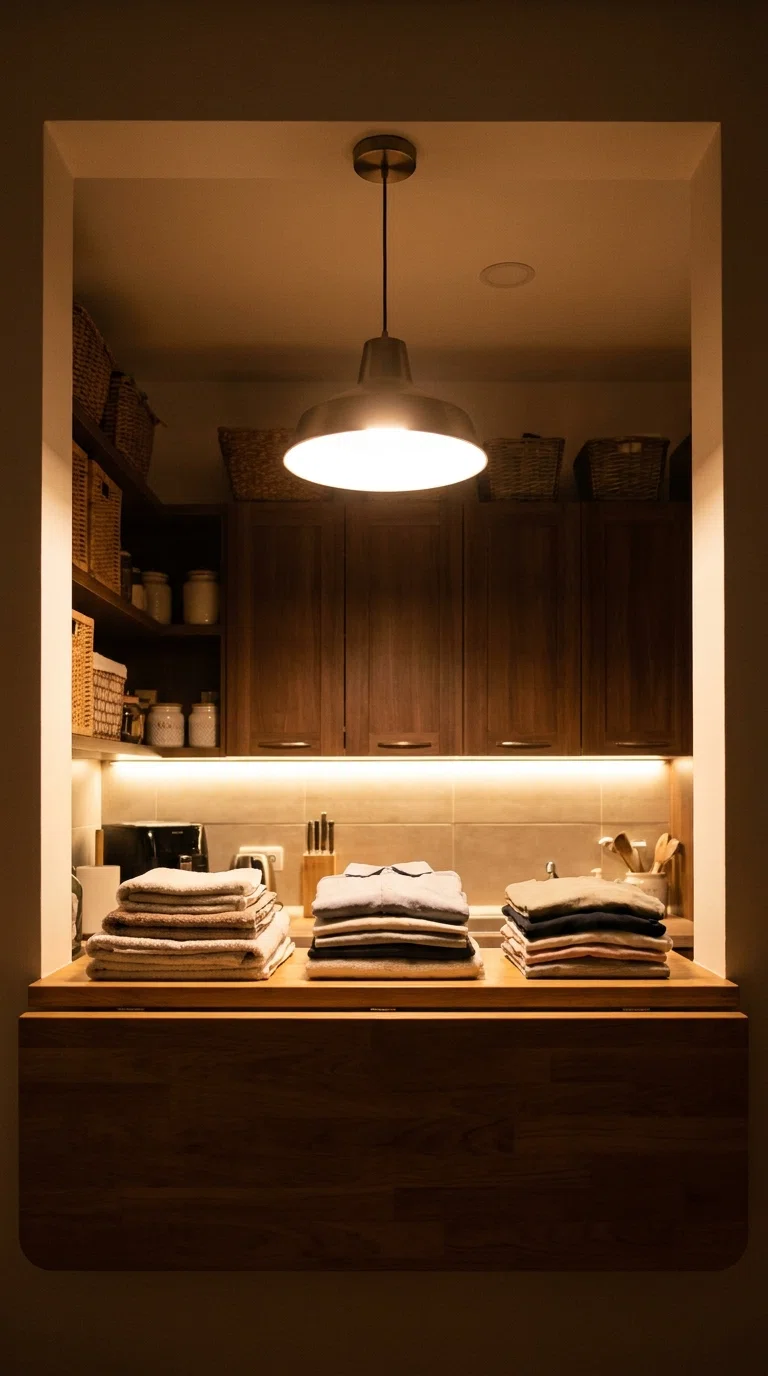 Real-life photo of a folding counter lit directly from above by a focused pendant light, clearly casting shadow-free light on neatly folded clothes, under-cabinet LED strip glowing beneath upper cabinets, cozy realistic home photography.
