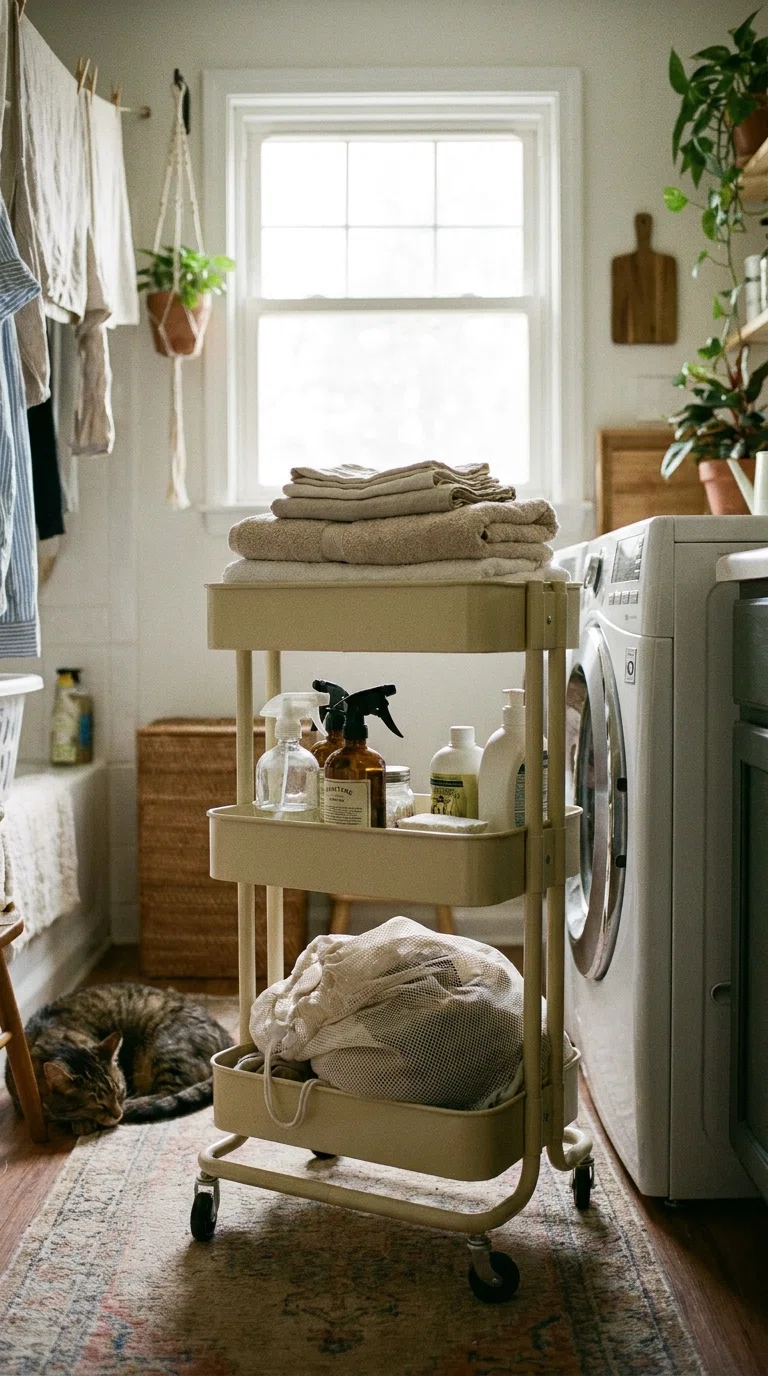 Photograph of a slim three-tier rolling utility cart in a laundry room, holding folded towels, spray bottles, and a mesh bag, natural window light, realistic candid style.
