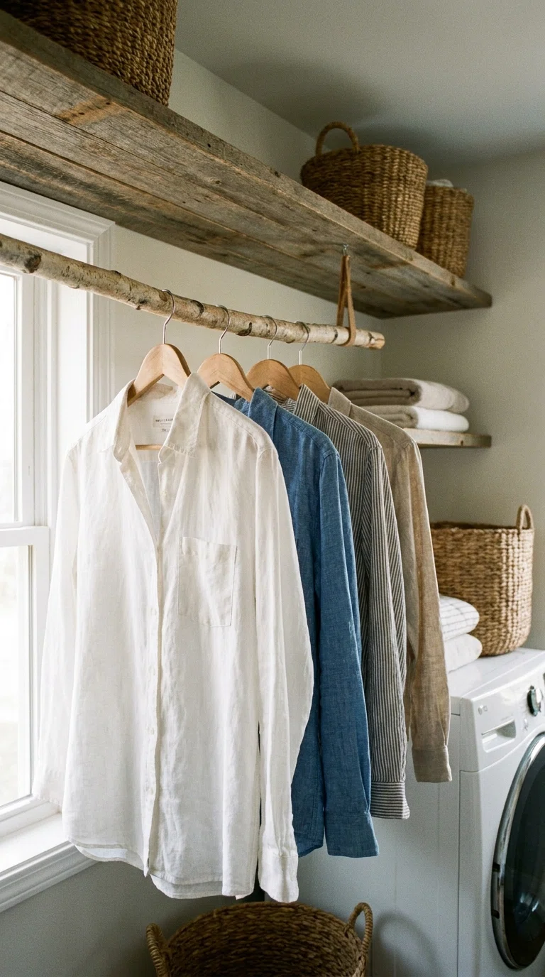 Real-life photo of a wooden hanging rod mounted under a shelf with a few shirts on matching wooden hangers, soft daylight, tidy laundry room background.
