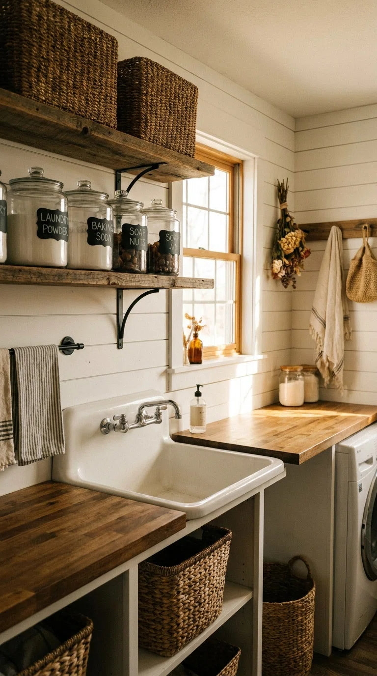 Photograph of clear apothecary jars with chalkboard labels on an open shelf, farmhouse style laundry room, warm natural lighting, realistic home photo.
