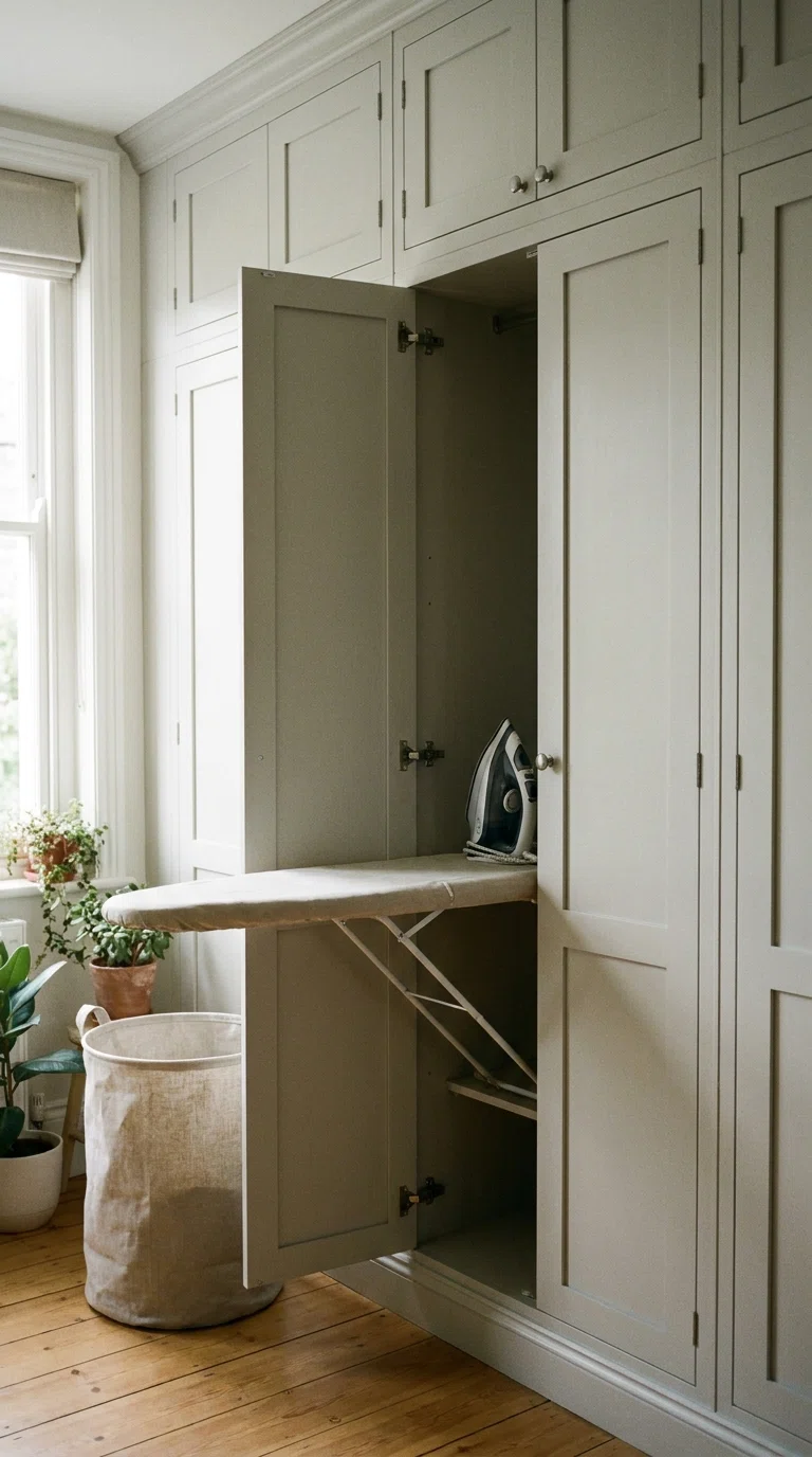 Real-life photo of a slim cabinet open to reveal a fold-out ironing board, closed cabinet doors blending into surrounding cabinetry, soft daylight, realistic interior photography.
