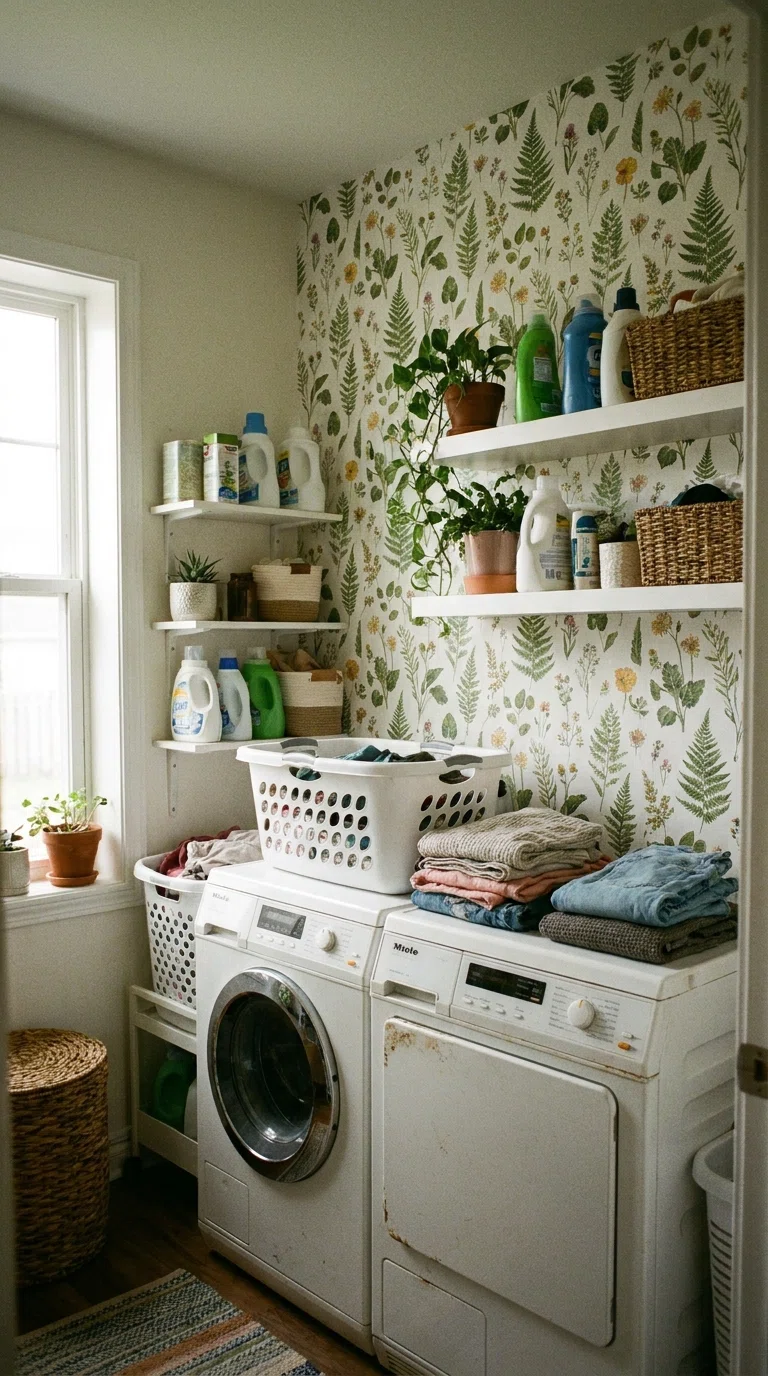 Photograph of a laundry room wall with botanical peel-and-stick wallpaper, washer and dryer in foreground, natural light, realistic candid home photo style.
