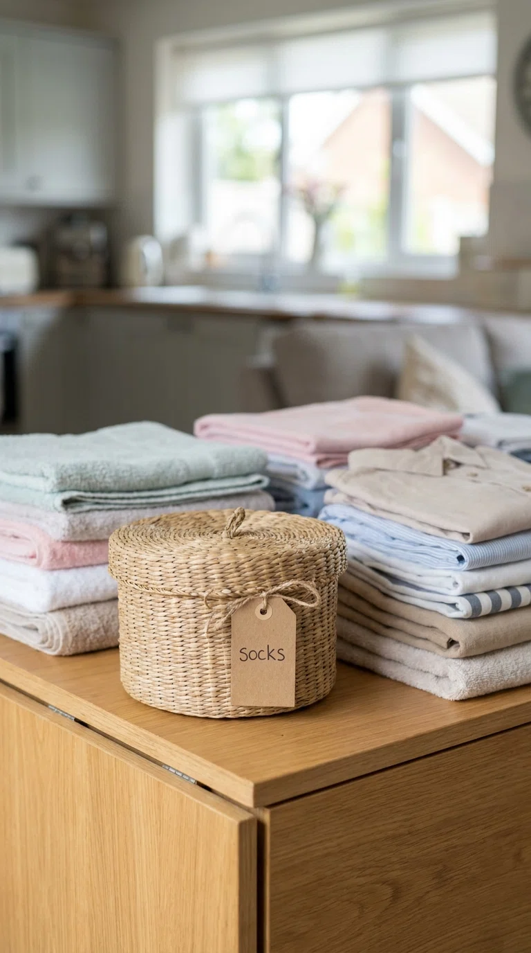 Real-life photo of a small woven basket labeled socks sitting on a folding counter beside neatly folded laundry, soft daylight, realistic home photography.
