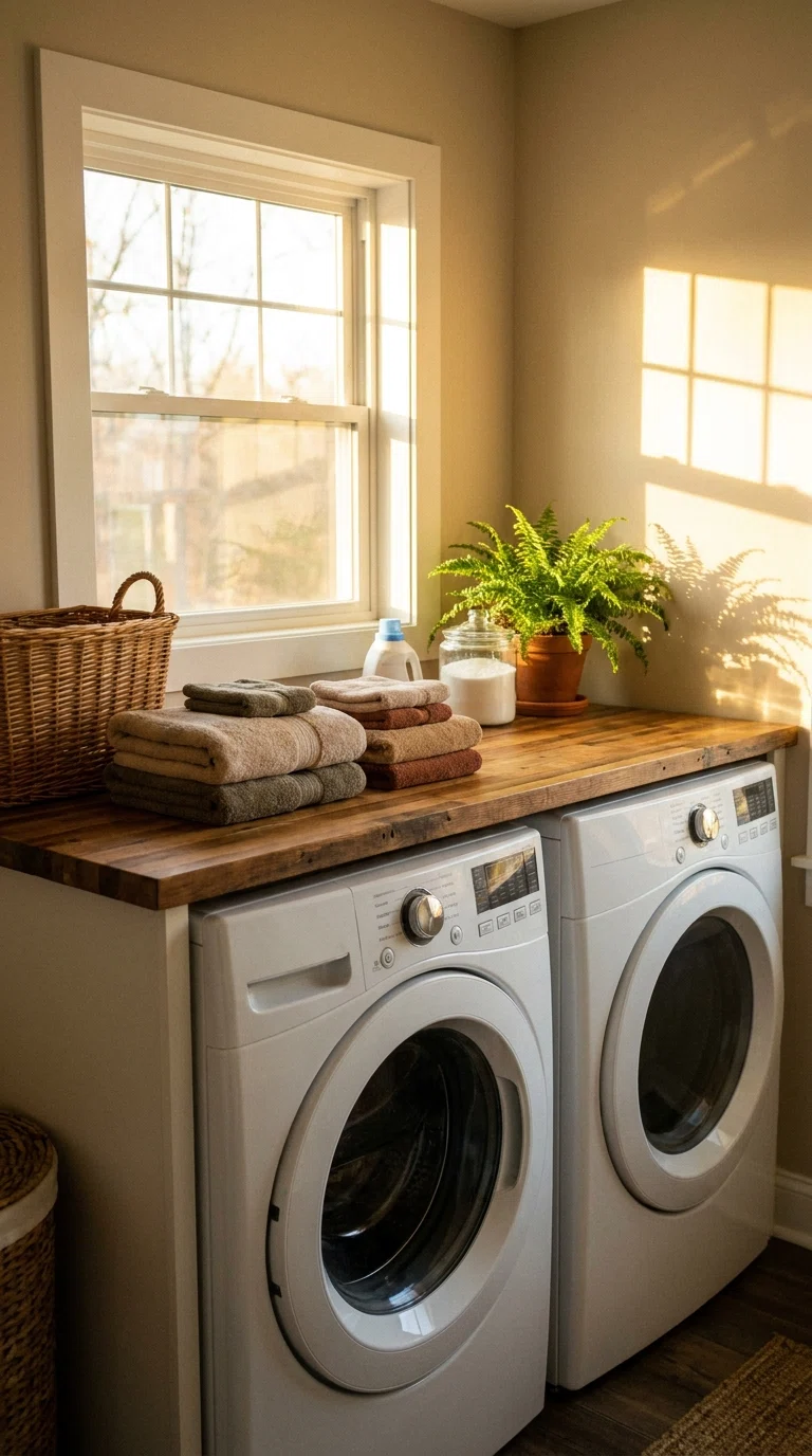 Photograph of a butcher block countertop installed above a washer and dryer, folded towels stacked neatly on top, warm natural light, realistic stock photo.
