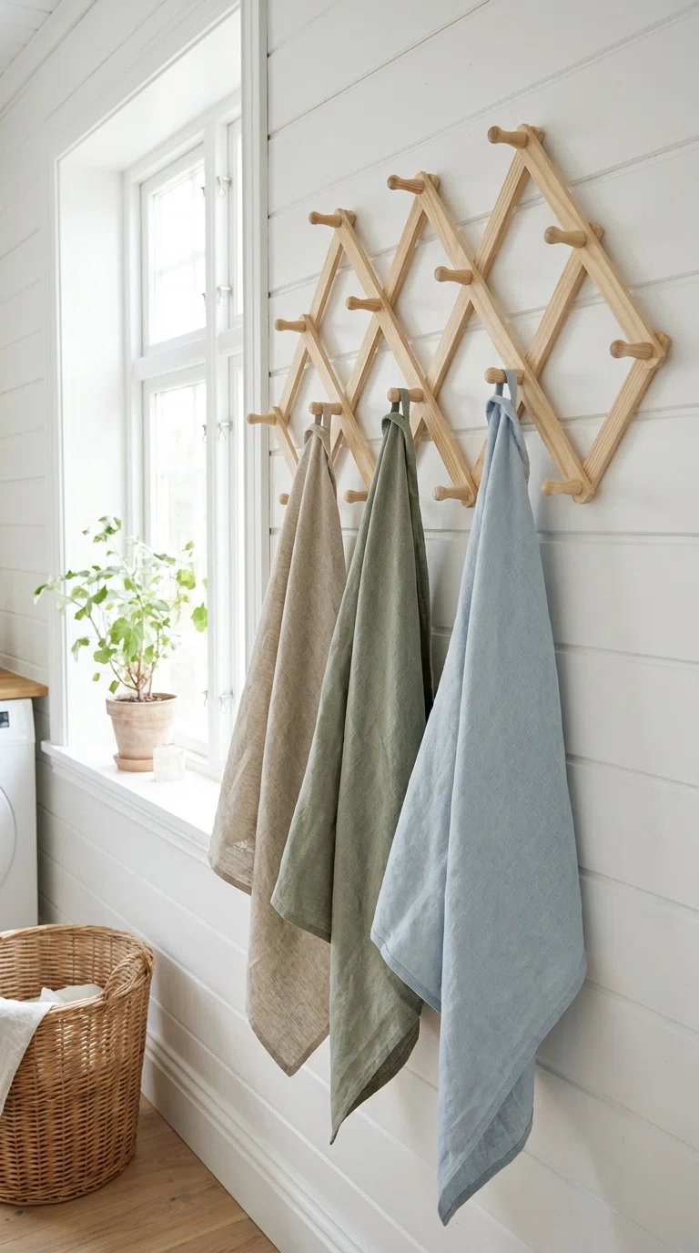 Photograph of foldable wooden pegs mounted on a wall with a few towels hanging, Scandinavian style laundry room, natural window light, realistic candid photo.
