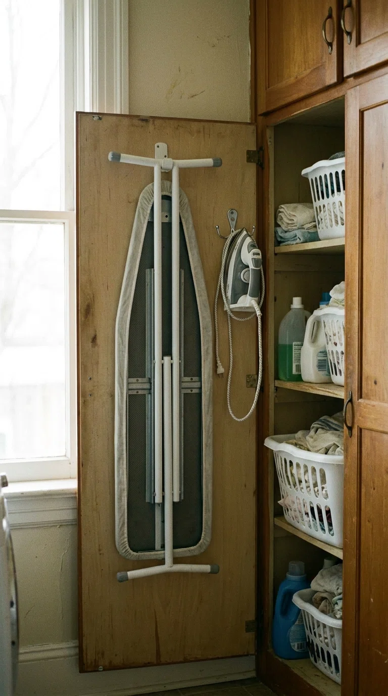 Real-life photo of a slim vertical wall-mounted ironing board holder inside an open cabinet door, small hook beside it holding an iron, soft daylight, realistic style.