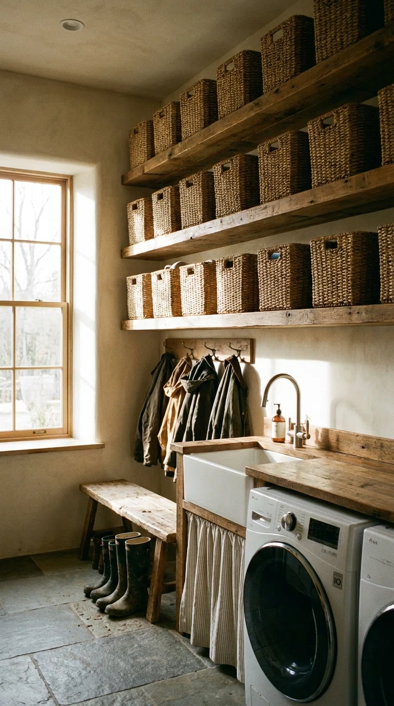 Real-life photo of a wall lined with matching woven baskets on floating shelves in a laundry and mudroom combo, warm natural lighting, realistic interior photography.
