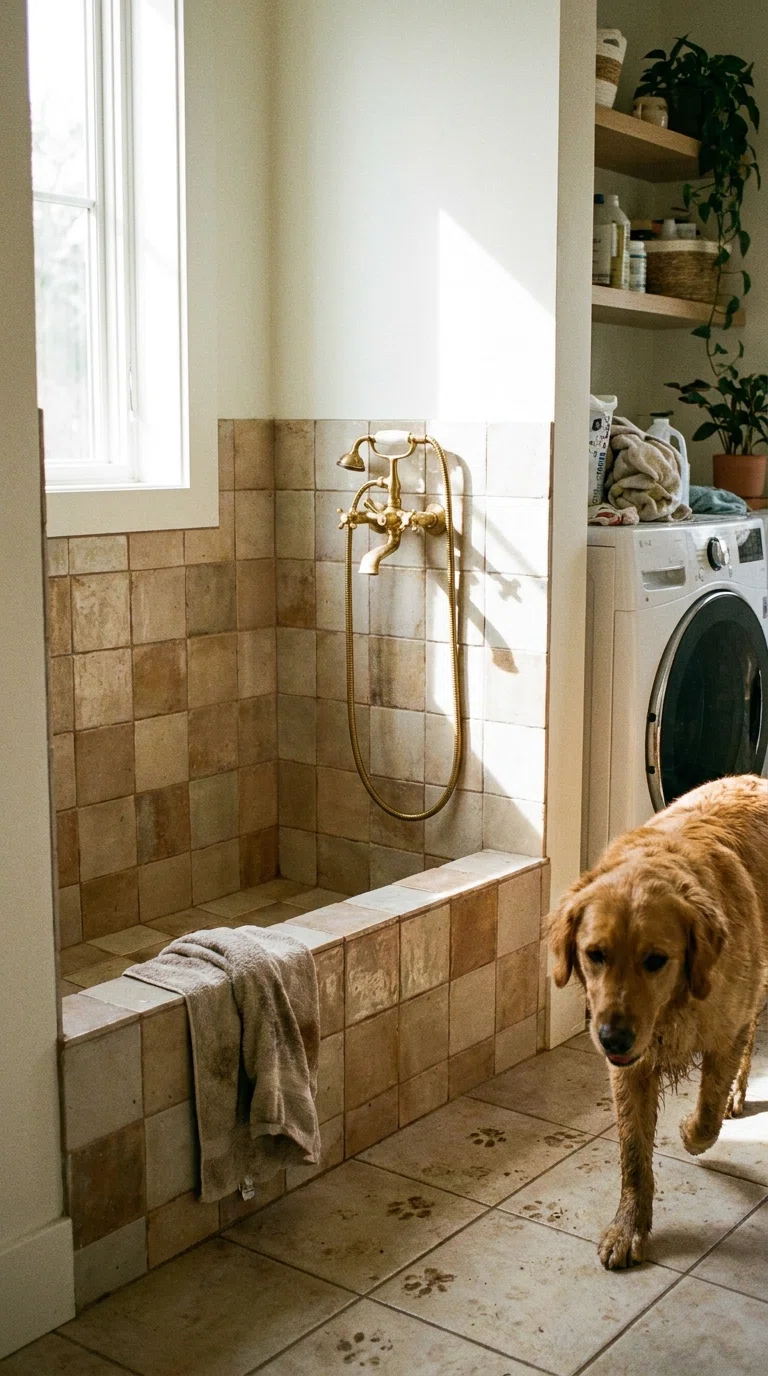 Photograph of a small tiled pet washing station in the corner of a laundry room with a handheld sprayer mounted on the wall, natural light, realistic candid home photo.

