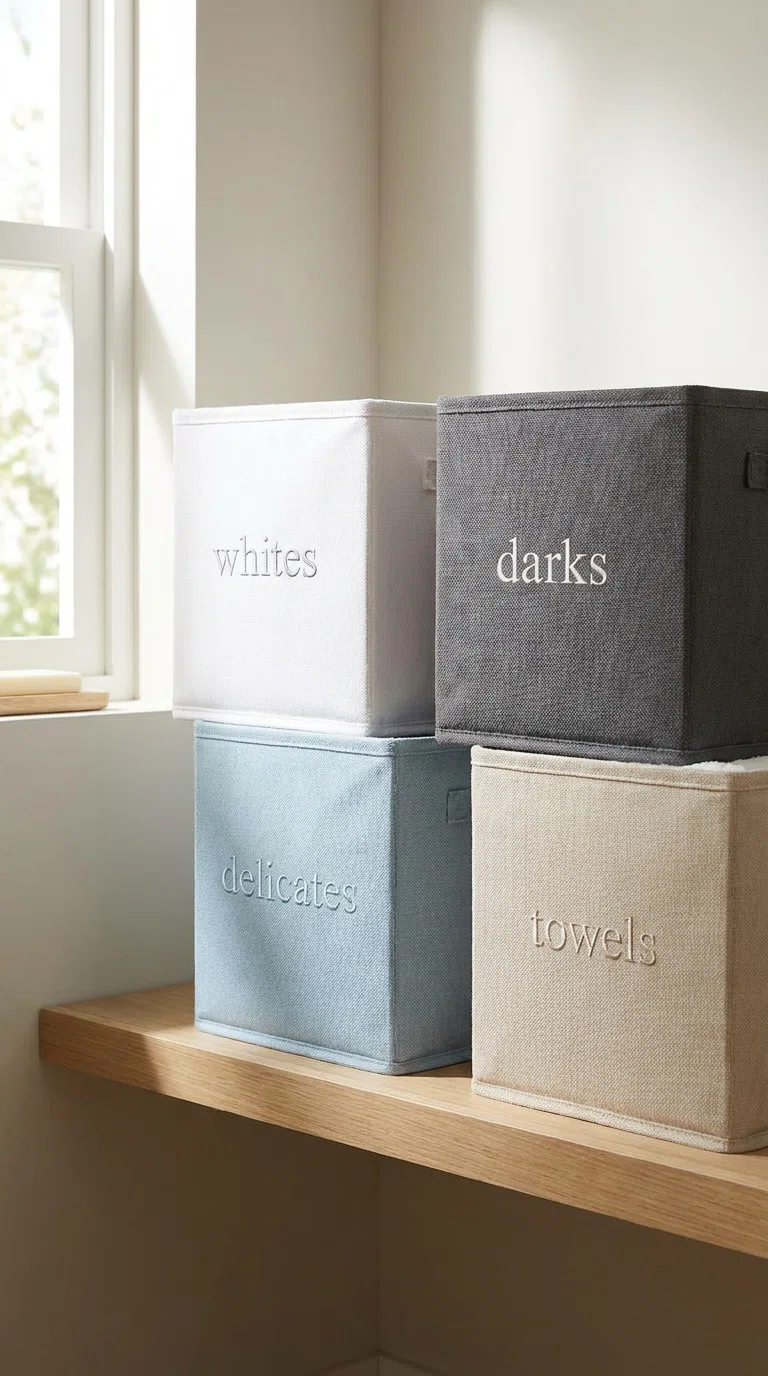 Real-life photo of four color-coded fabric bins labeled whites, darks, delicates, towels, arranged neatly on a shelf, soft daylight, realistic home photography.

