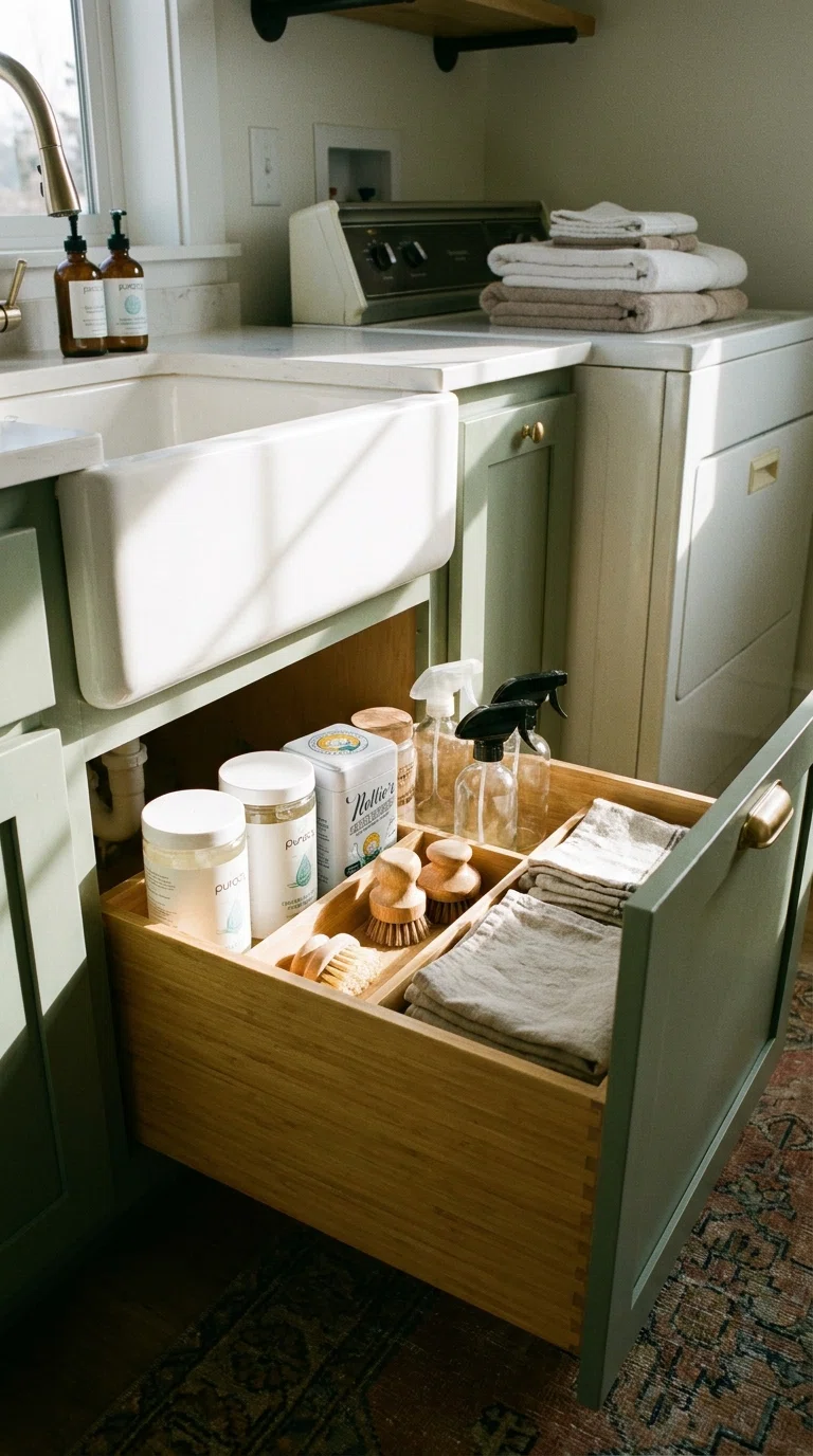 Photograph of an open pull-out drawer under a laundry room sink revealing organized stain removers and brushes, natural light, realistic interior photo style.
