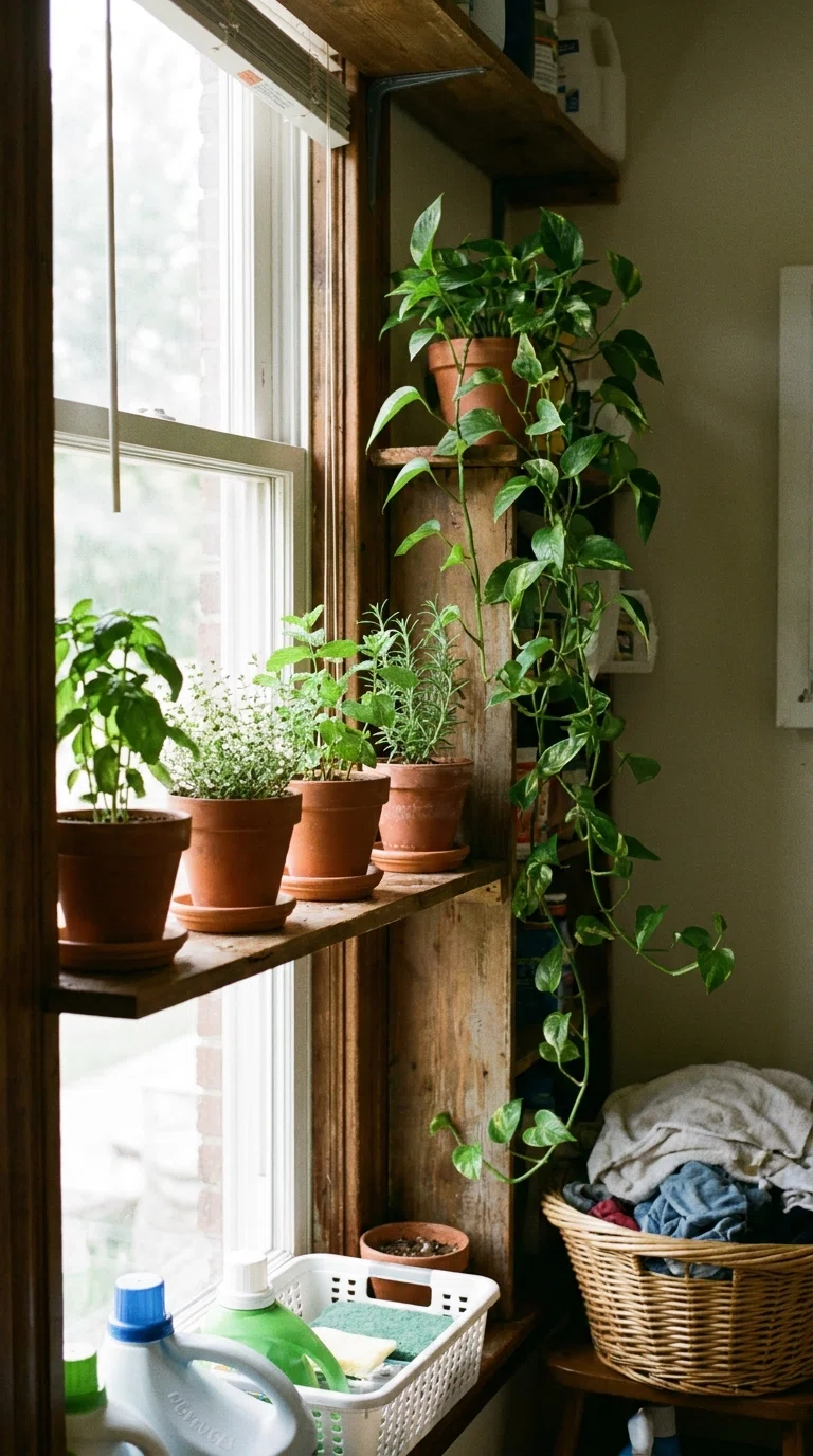 Real-life photo of a narrow shelf near a laundry room window holding small potted herbs and a pothos plant, soft natural daylight, realistic candid style.
