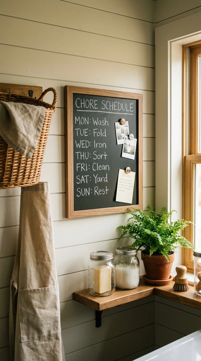 Photograph of a small magnetic chalkboard schedule mounted on a laundry room wall listing chore days, neatly styled surroundings, warm natural light, realistic home photography.
