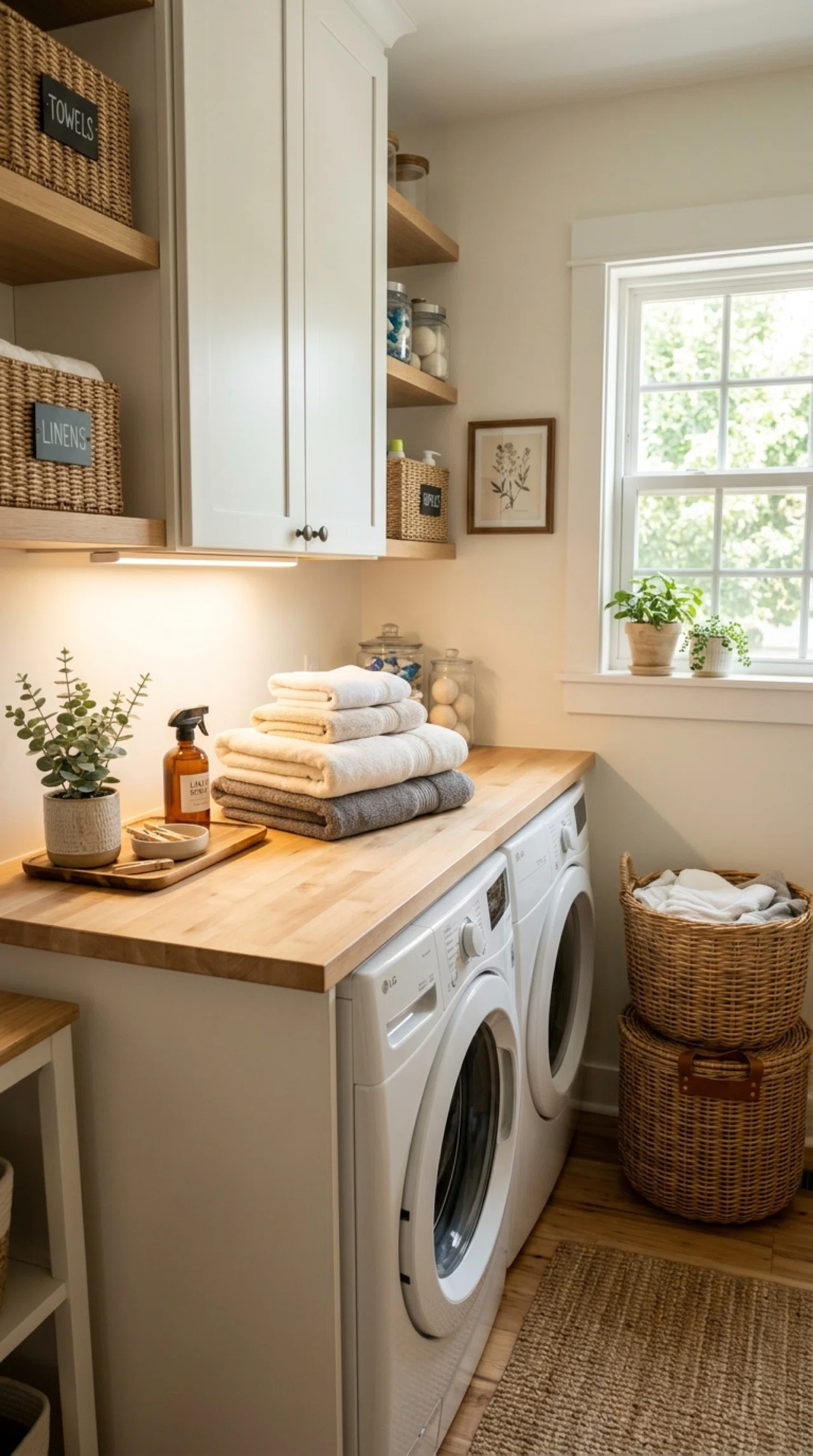 A cozy real-life laundry room folding counter photographed from a slightly elevated angle, a slim LED task light mounted directly above casting a soft downward glow onto neatly folded towels, beautifully arranged laundry baskets beside the counter, clean white cabinetry, bright natural light streaming through a nearby window, organized shelves, warm inviting stock photography style, no people.