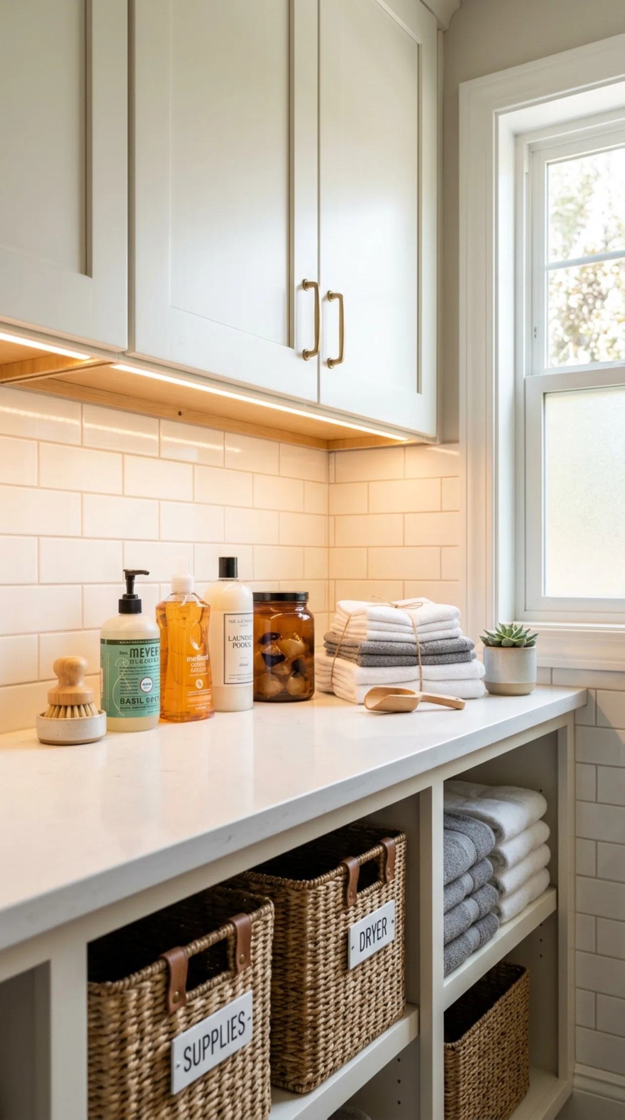 Close-up real-life photo of laundry room cabinets with warm LED strip lighting installed underneath, casting a soft glow onto neatly arranged detergent bottles and folded linens on the counter below, clean organized shelving, beautifully arranged storage baskets, bright natural light from a side window, crisp photographic stock image style, no people visible.